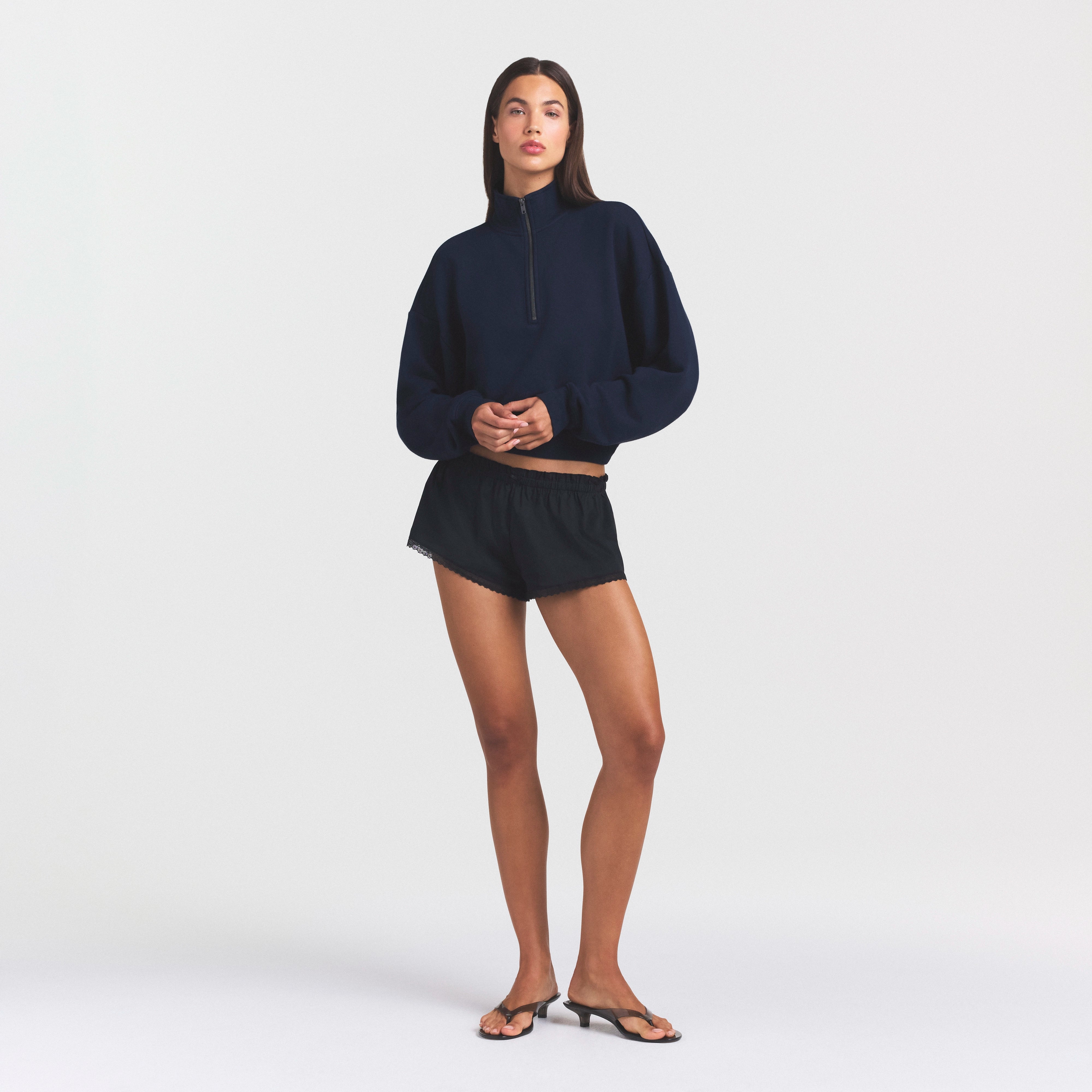DRAPEY FRENCH TERRY HALF ZIP | NAVY ON A MODEL FRONT VIEW @ | FOCUS: 0.0, 1.0, 0.9
