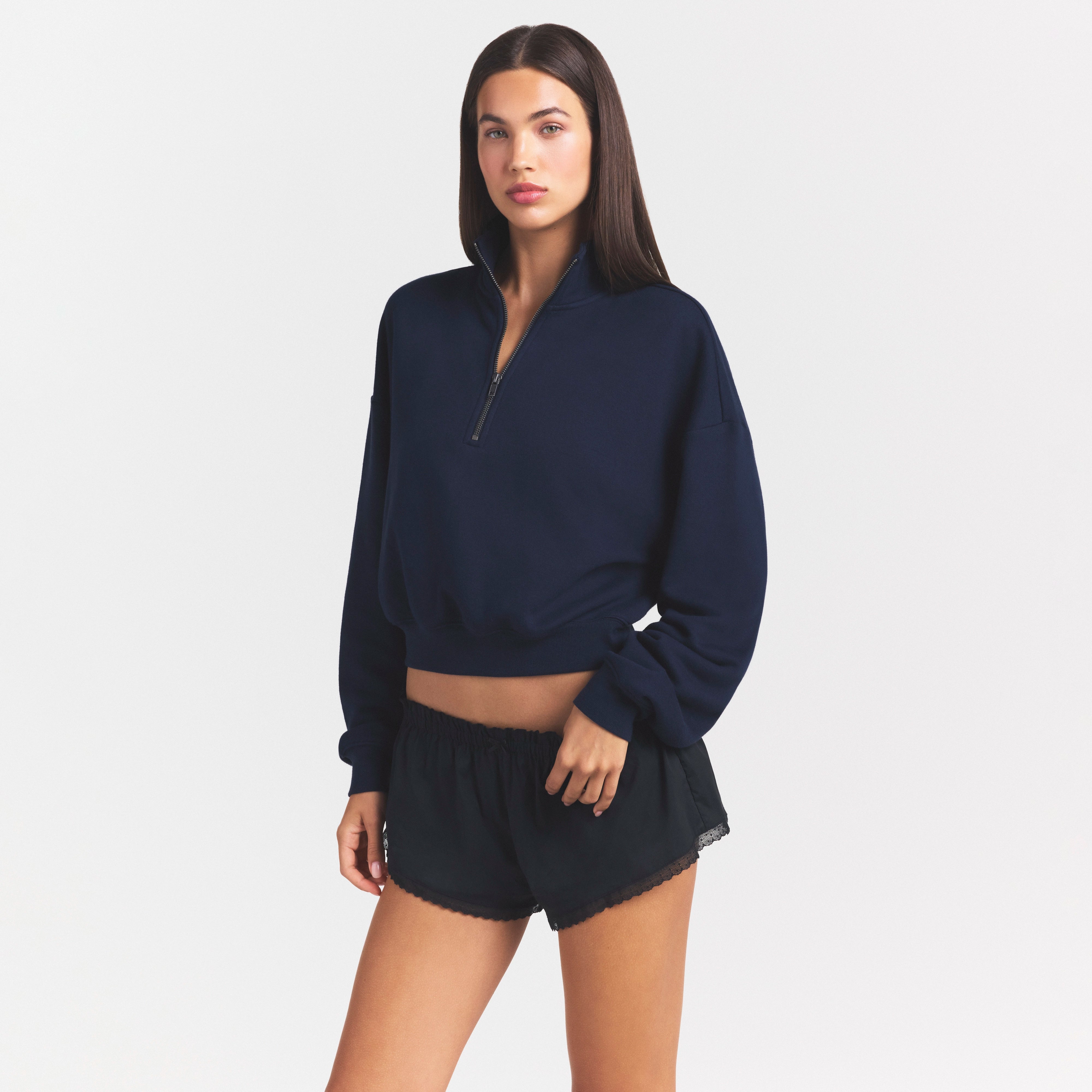 DRAPEY FRENCH TERRY HALF ZIP | NAVY ON A MODEL SIDE VIEW @ | FOCUS: 0.0, 1.0, 0.9