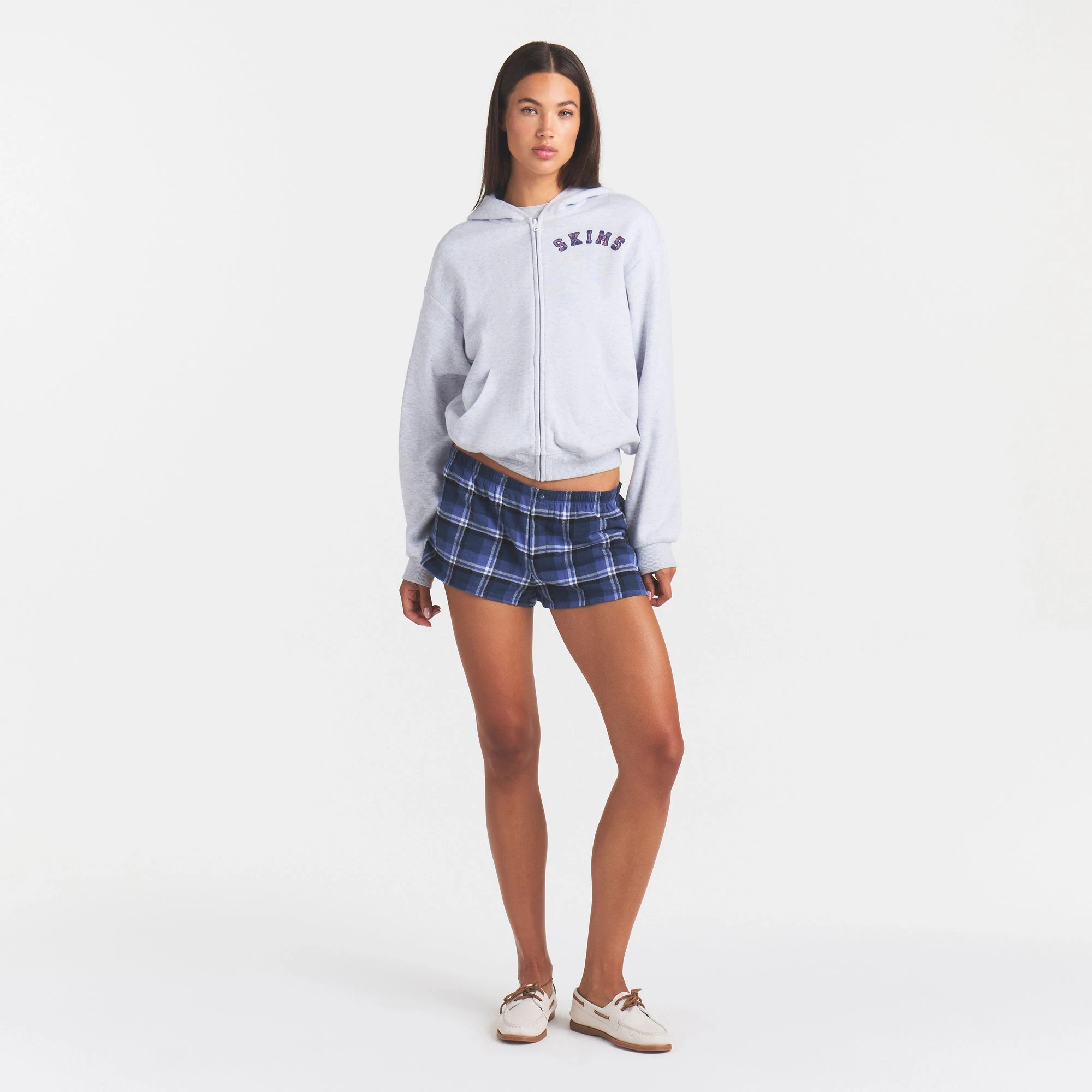 COTTON FLEECE CLASSIC ZIP UP HOODIE | LHG ARCHED SKIMS PLAID ON A MODEL | FOCUS: 0.0, 1.0, 0.9