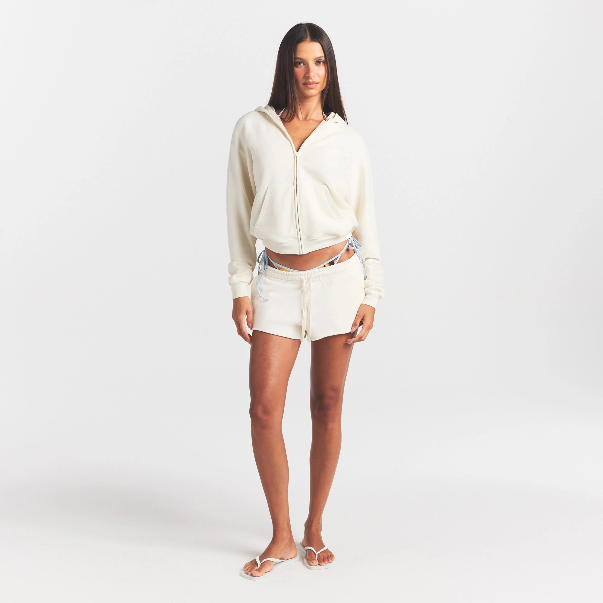 FRENCH TERRY ZIP UP HOODIE | ECRU ON A MODEL FRONT VIEW @ | FOCUS: 0.0, 1.0, 0.9