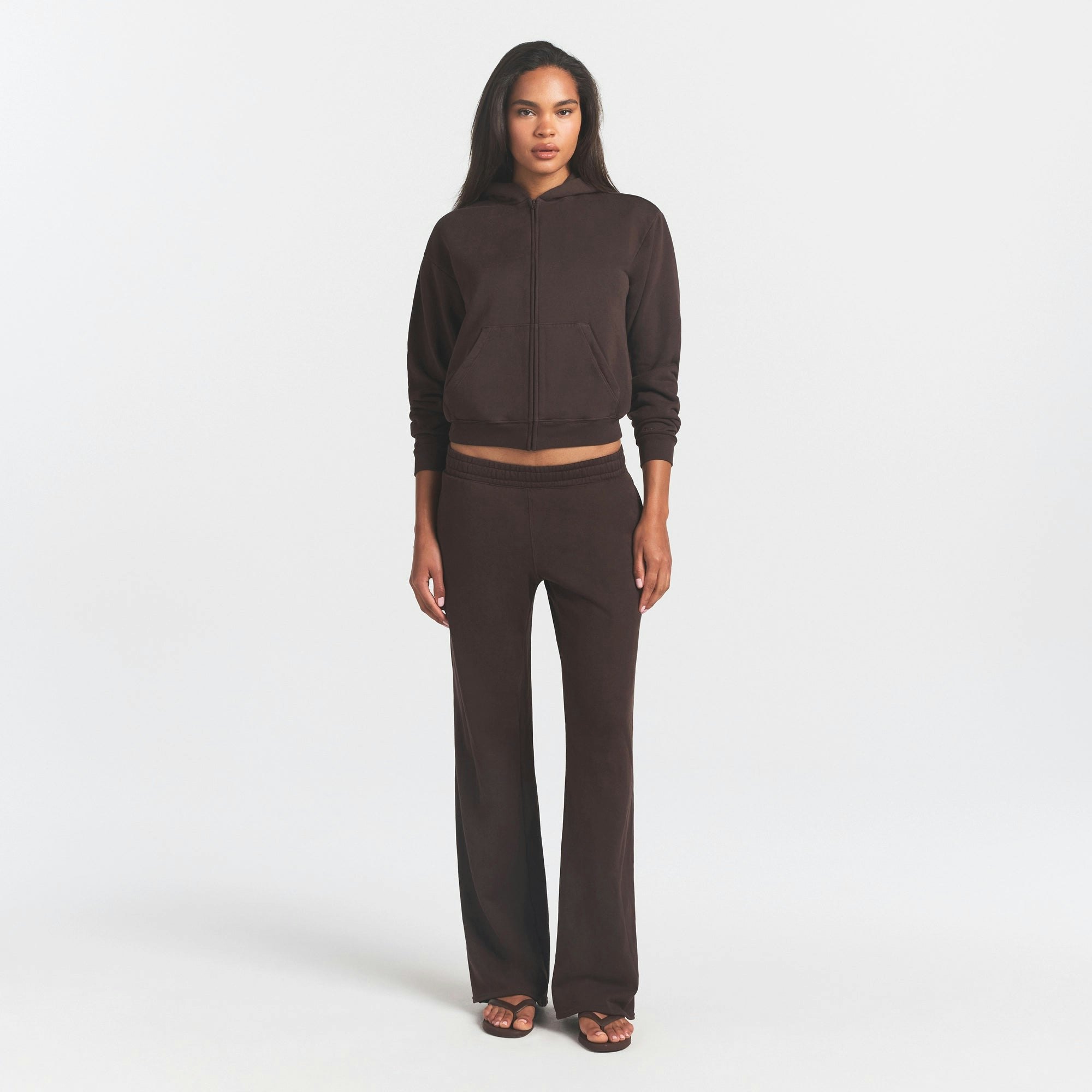 FRENCH TERRY ZIP UP HOODIE | ESPRESSO ON A MODEL FRONT VIEW @ | FOCUS: 0.0, 1.0, 0.9