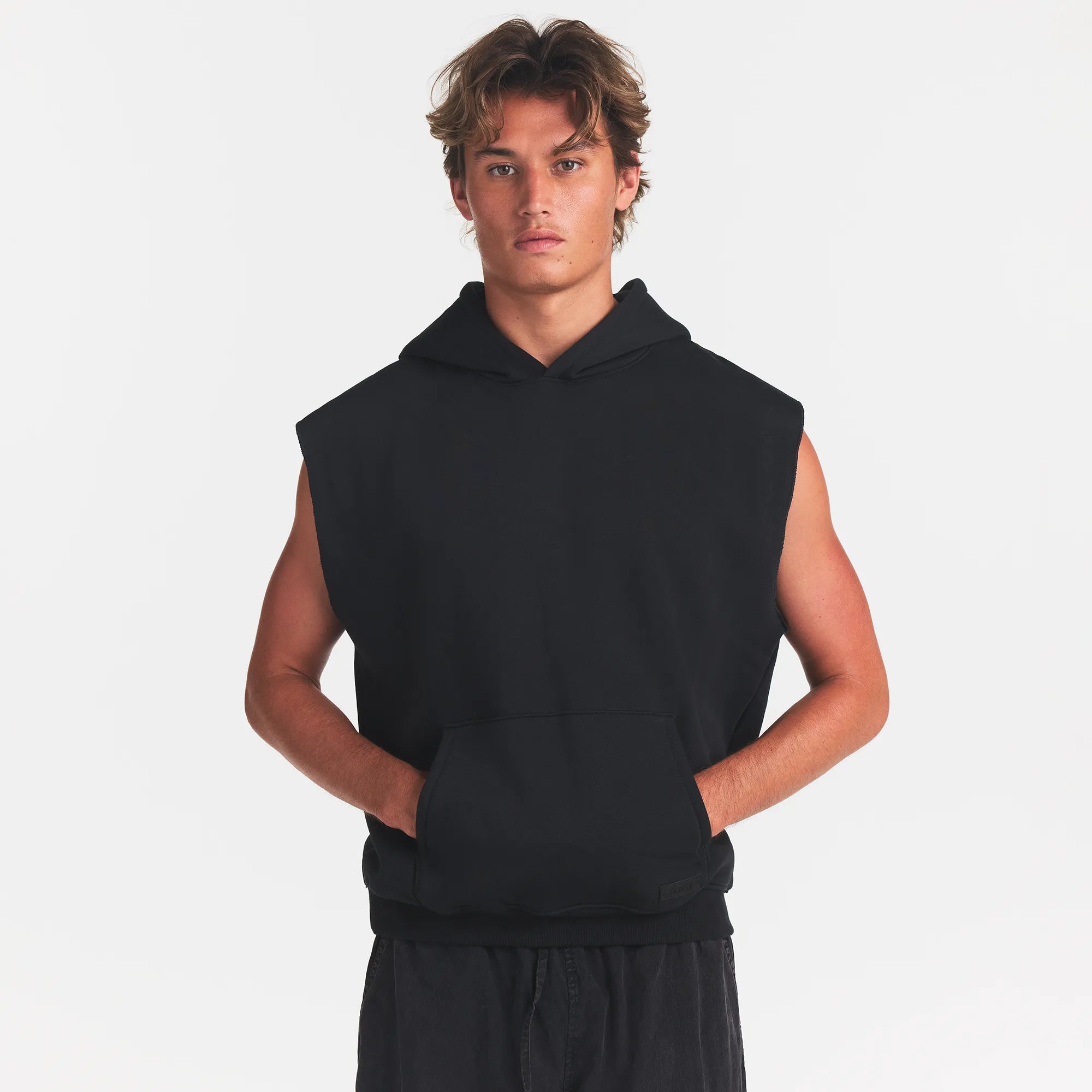 FLEECE LOUNGE MENS SLEEVELESS HOODIE | WASHED ONYX| MODEL FRONT VIEW @ | FOCUS: 0.0, 1.0, 0.9