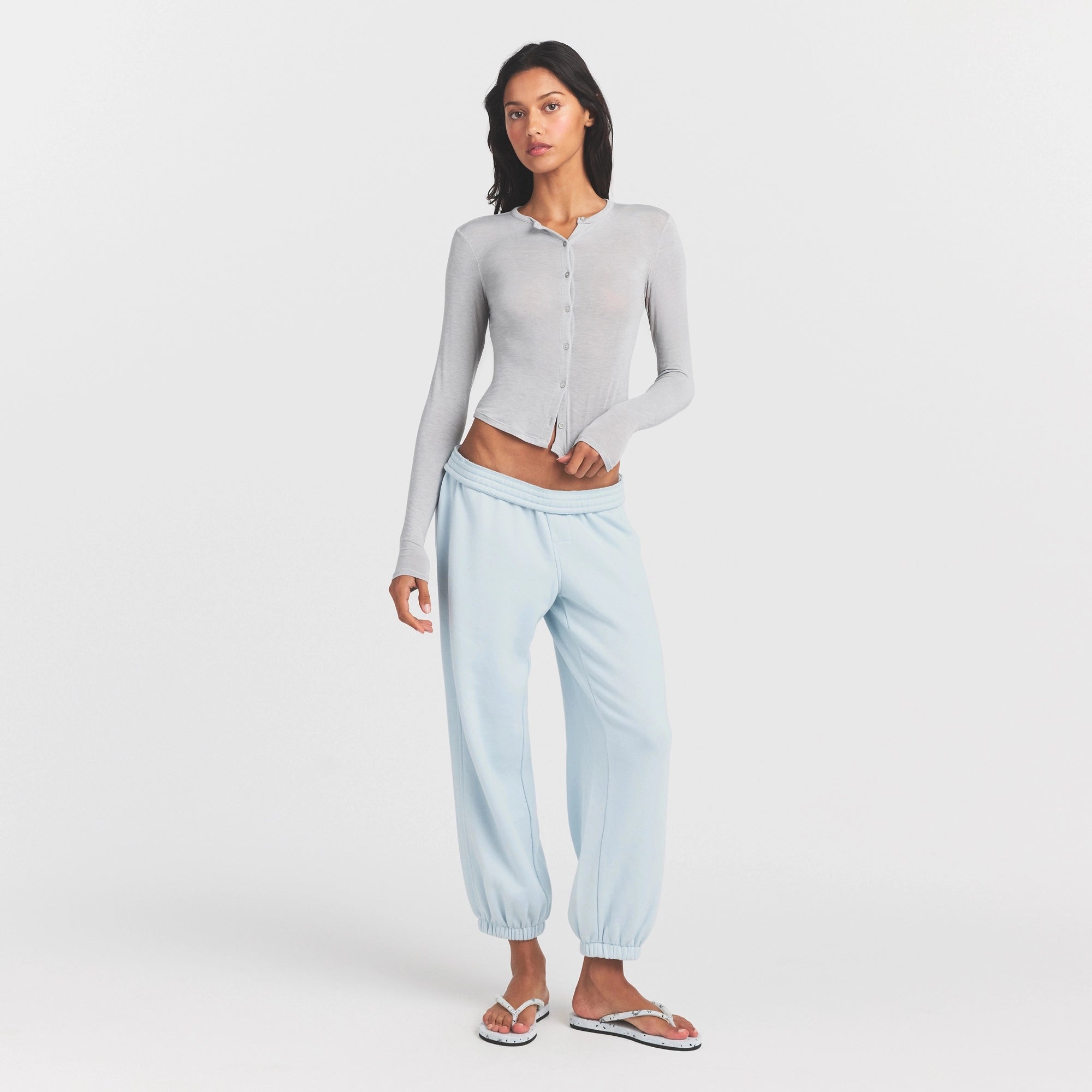 SHEER MODAL CARDIGAN | HEATHER GREY ON A MODEL FRONT VIEW @ | FOCUS: 0.0, 1.0, 0.9