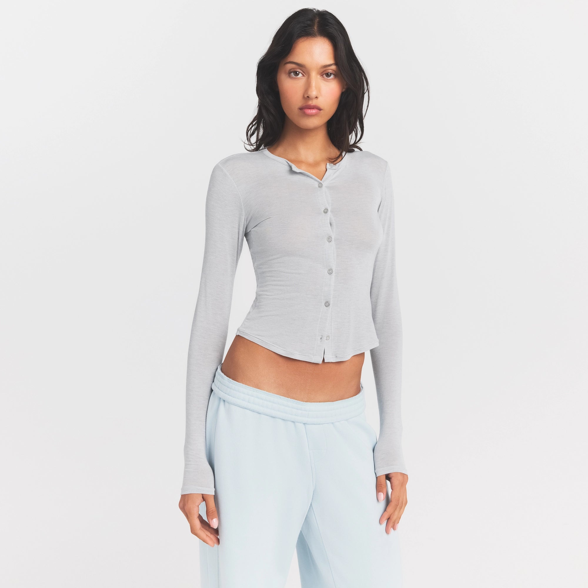 SHEER MODAL CARDIGAN | HEATHER GREY ON A MODEL SIDE VIEW @ | FOCUS: 0.0, 1.0, 0.9