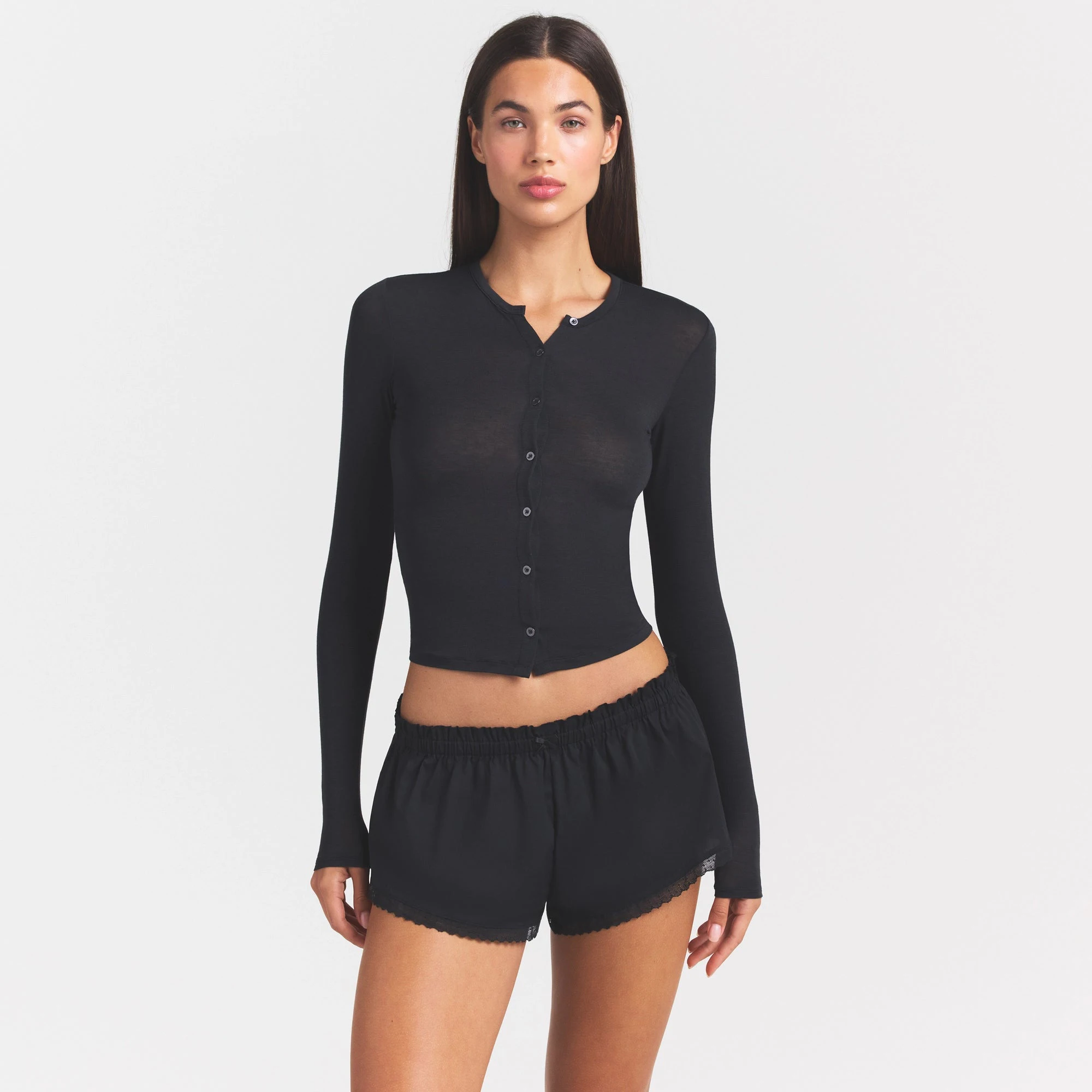 SHEER MODAL CARDIGAN | ONYX ON A MODEL SIDE VIEW @ | FOCUS: 0.0, 1.0, 0.9