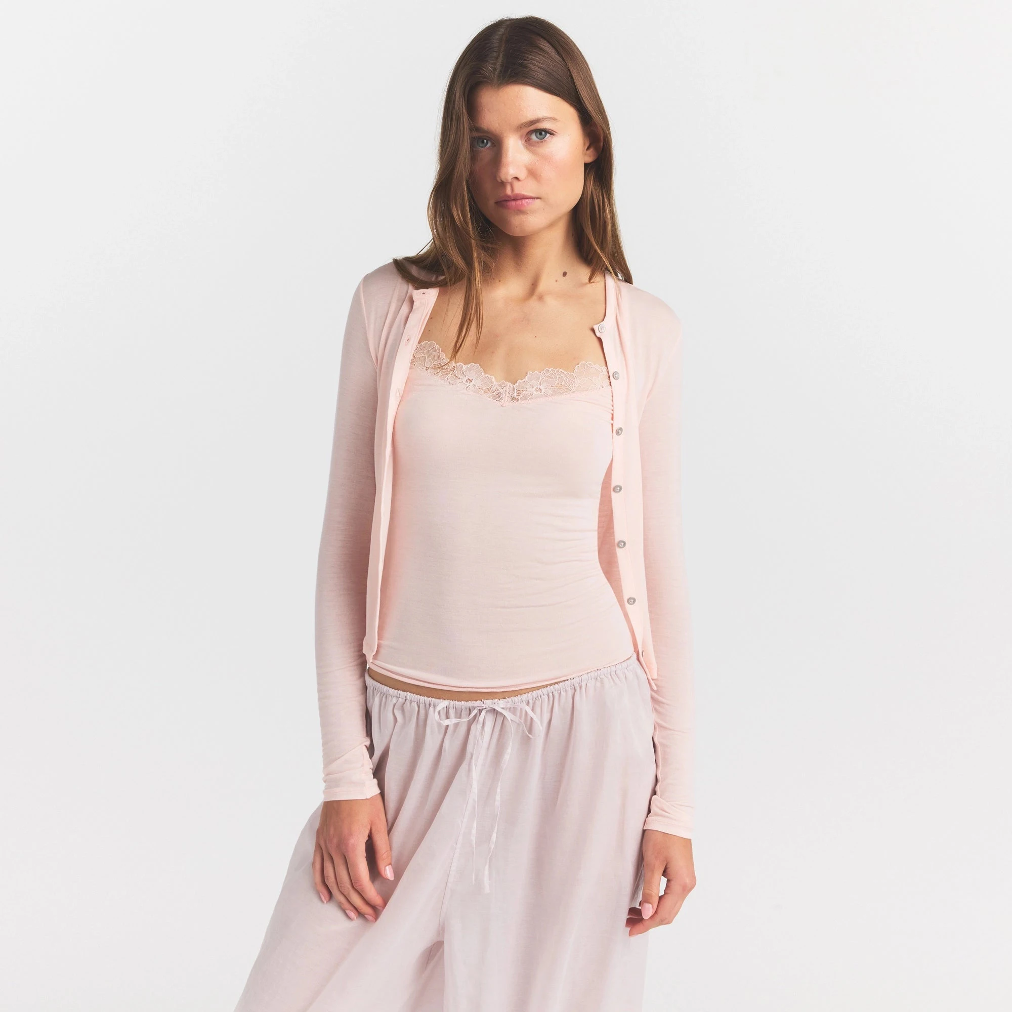 SHEER MODAL CARDIGAN | PRIMROSE ON A MODEL SIDE VIEW @ | FOCUS: 0.0, 1.0, 0.9