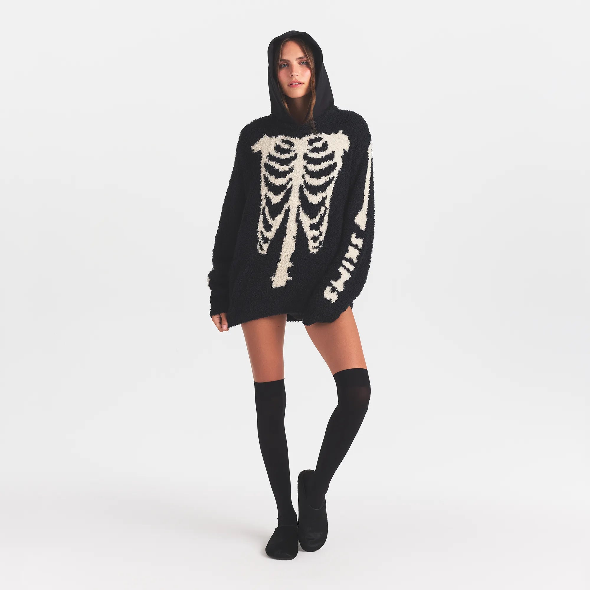 COZY KNIT OVERSIZED HOODIE | OBSIDIAN SKELETON & LAYS FLAT ON A WHITE BACKGROUND | FLT @ | FOCUS: 0.0, 1.0, 0.9