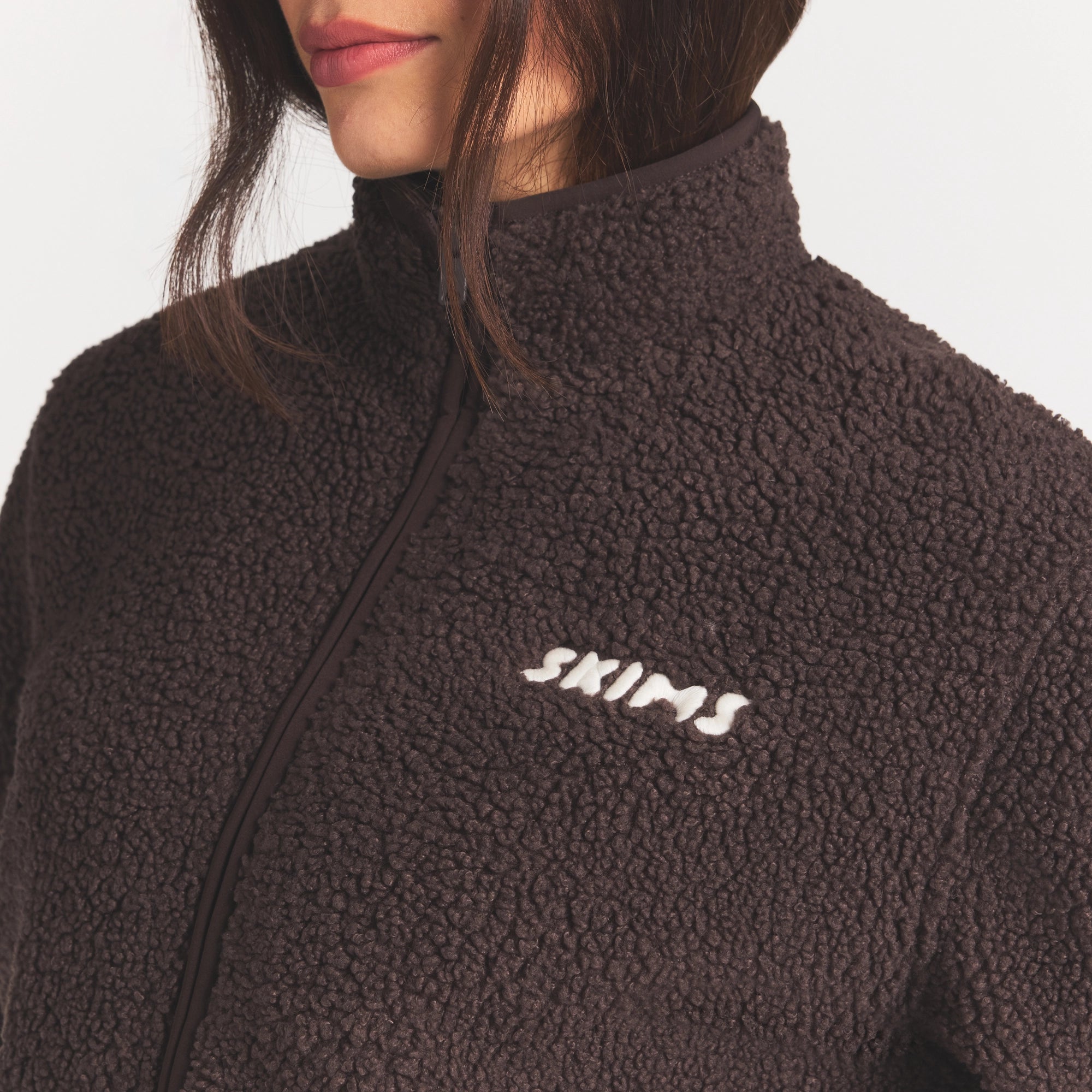 TEDDY BOXY ZIP UP JACKET | ESPRESSO ON A MODEL SIDE VIEW @ | FOCUS: 0.0, 1.0, 0.9