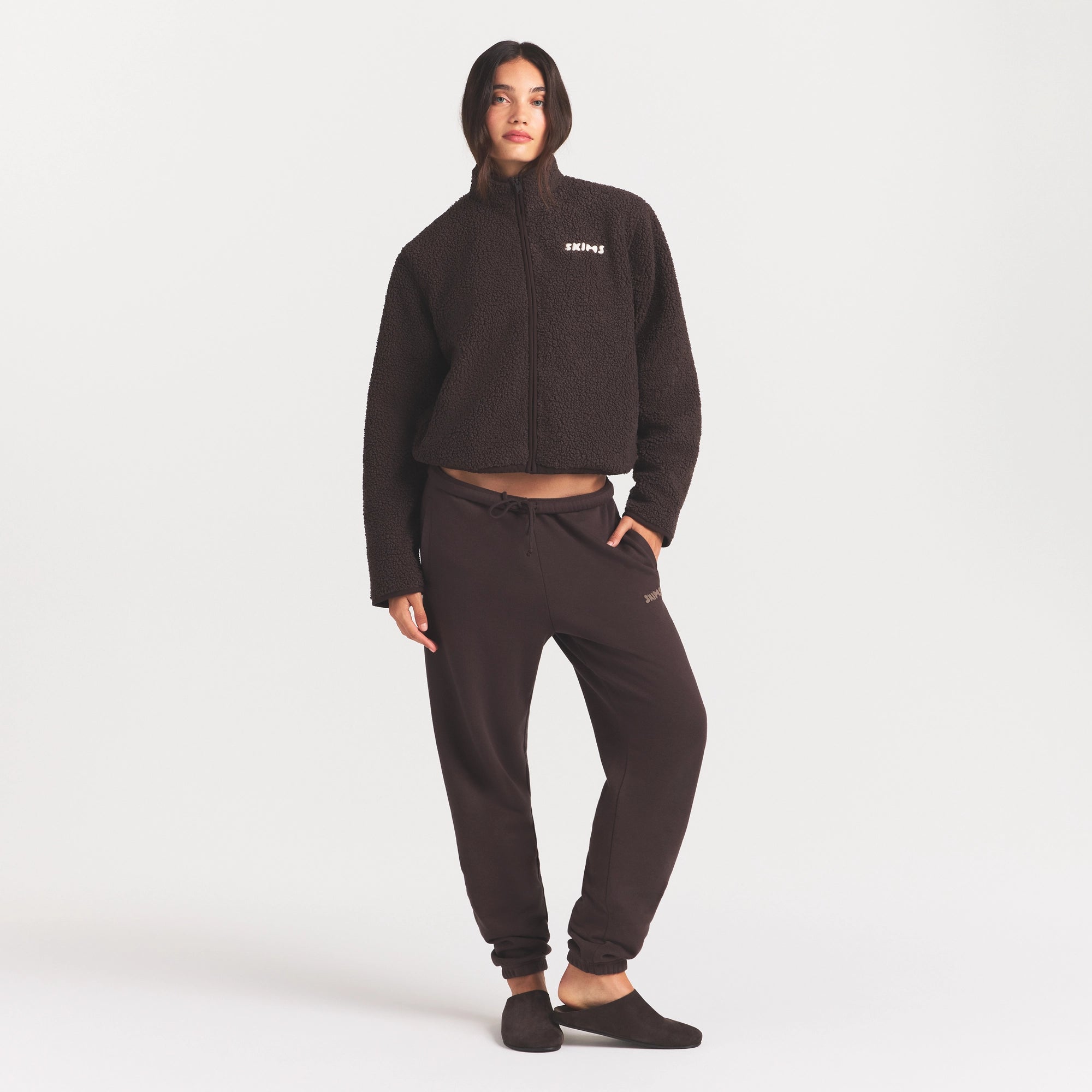 TEDDY BOXY ZIP UP JACKET | ESPRESSO ON A MODEL FRONT VIEW @ | FOCUS: 0.0, 1.0, 0.9