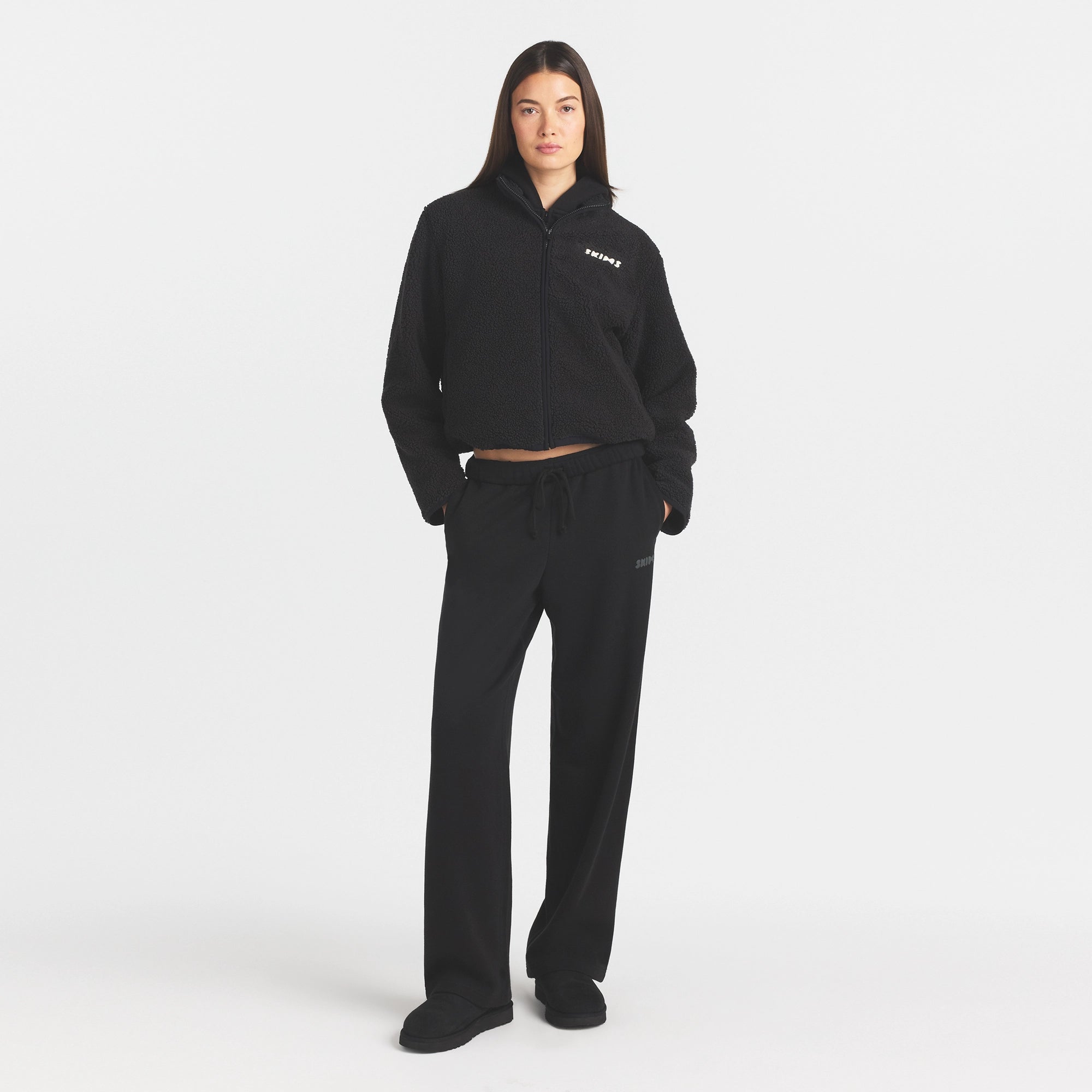 TEDDY BOXY ZIP UP JACKET | ONYX ON A MODEL FRONT VIEW @ | FOCUS: 0.0, 1.0, 0.9