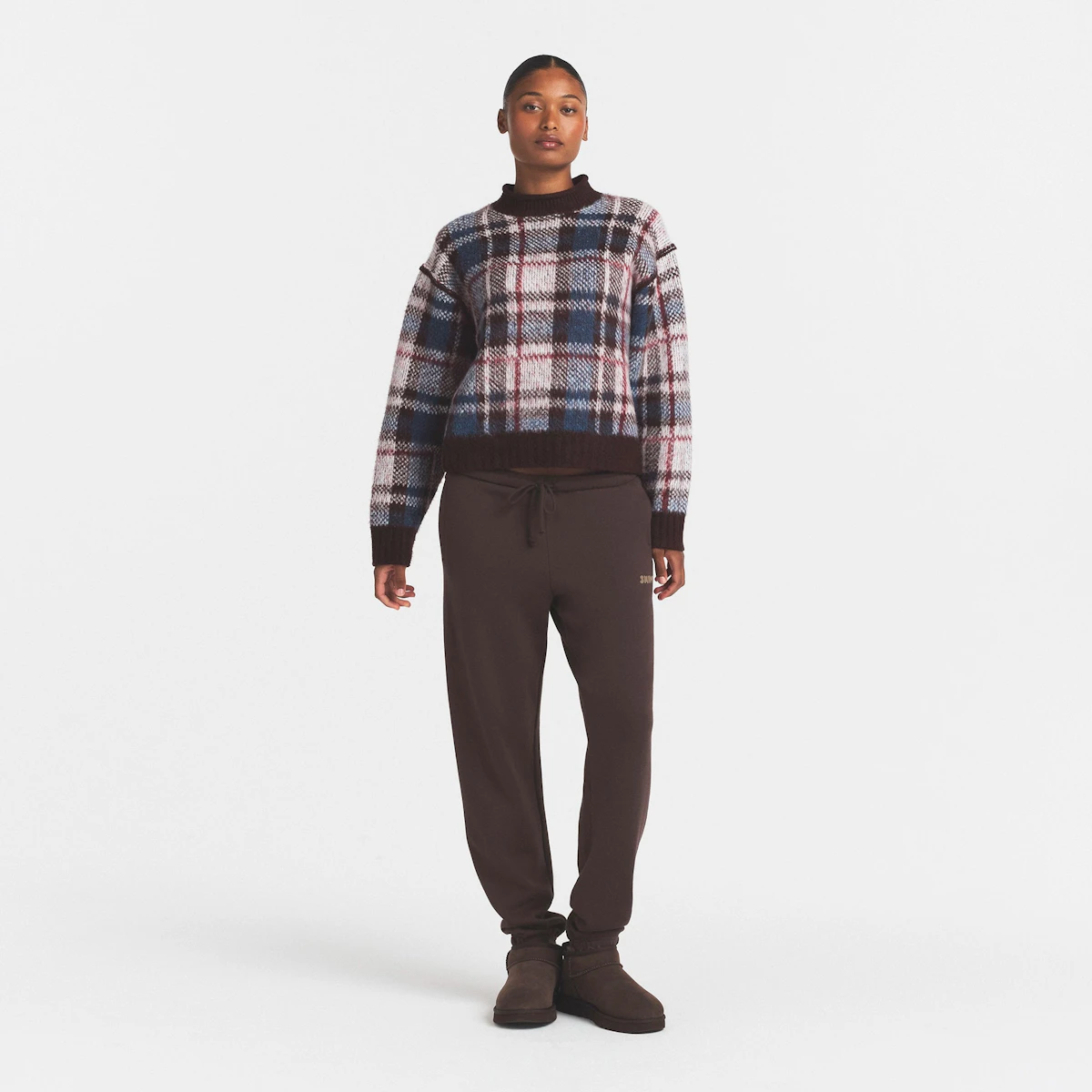 SKIMS Textured Knit Brushed Boxy Pullover - Phoenix Indigo Plaid
