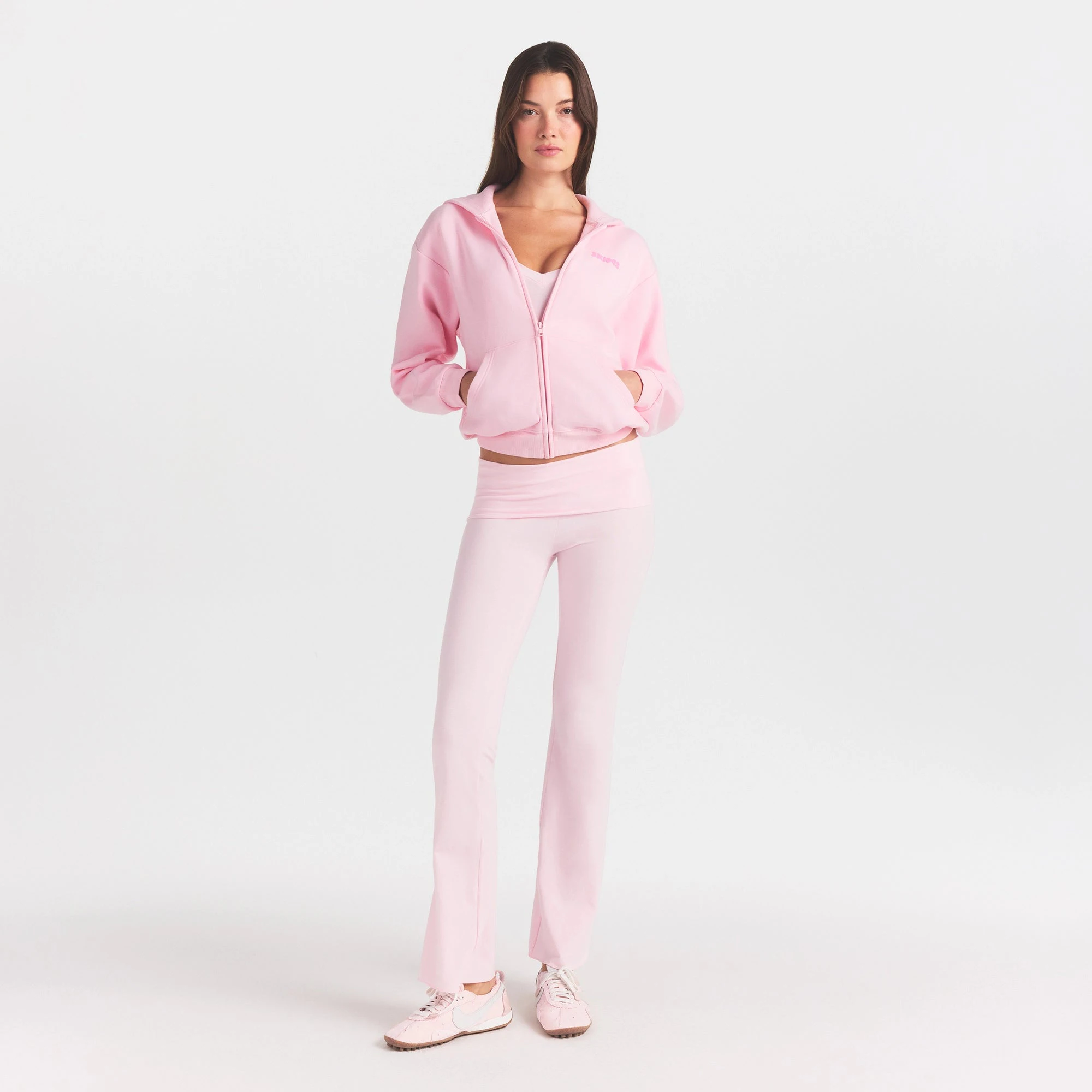 COTTON FLEECE CLASSIC ZIP UP HOODIE | CHERRY BLOSSOM ON A MODEL FRONT VIEW @ | FOCUS: 0.0, 1.0, 0.9