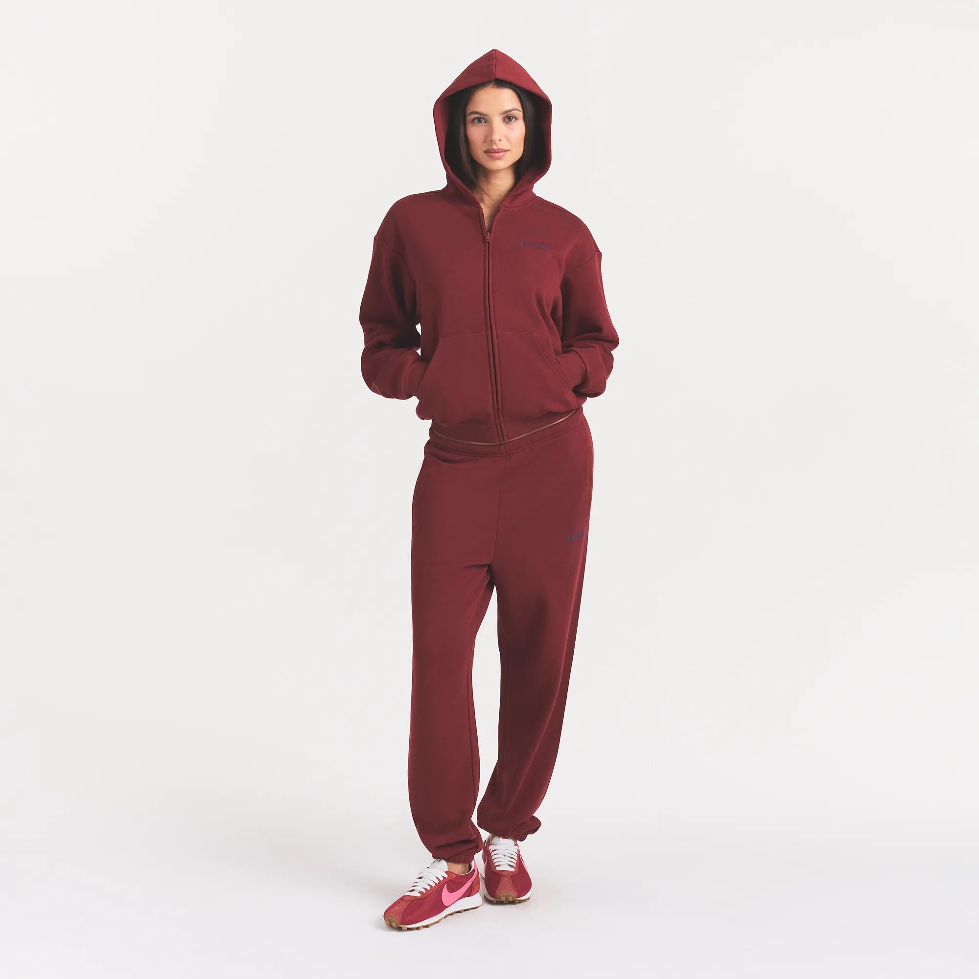 COTTON FLEECE CLASSIC ZIP UP HOODIE | MERLOT ON A MODEL FRONT VIEW @ | FOCUS: 0.0, 1.0, 0.9