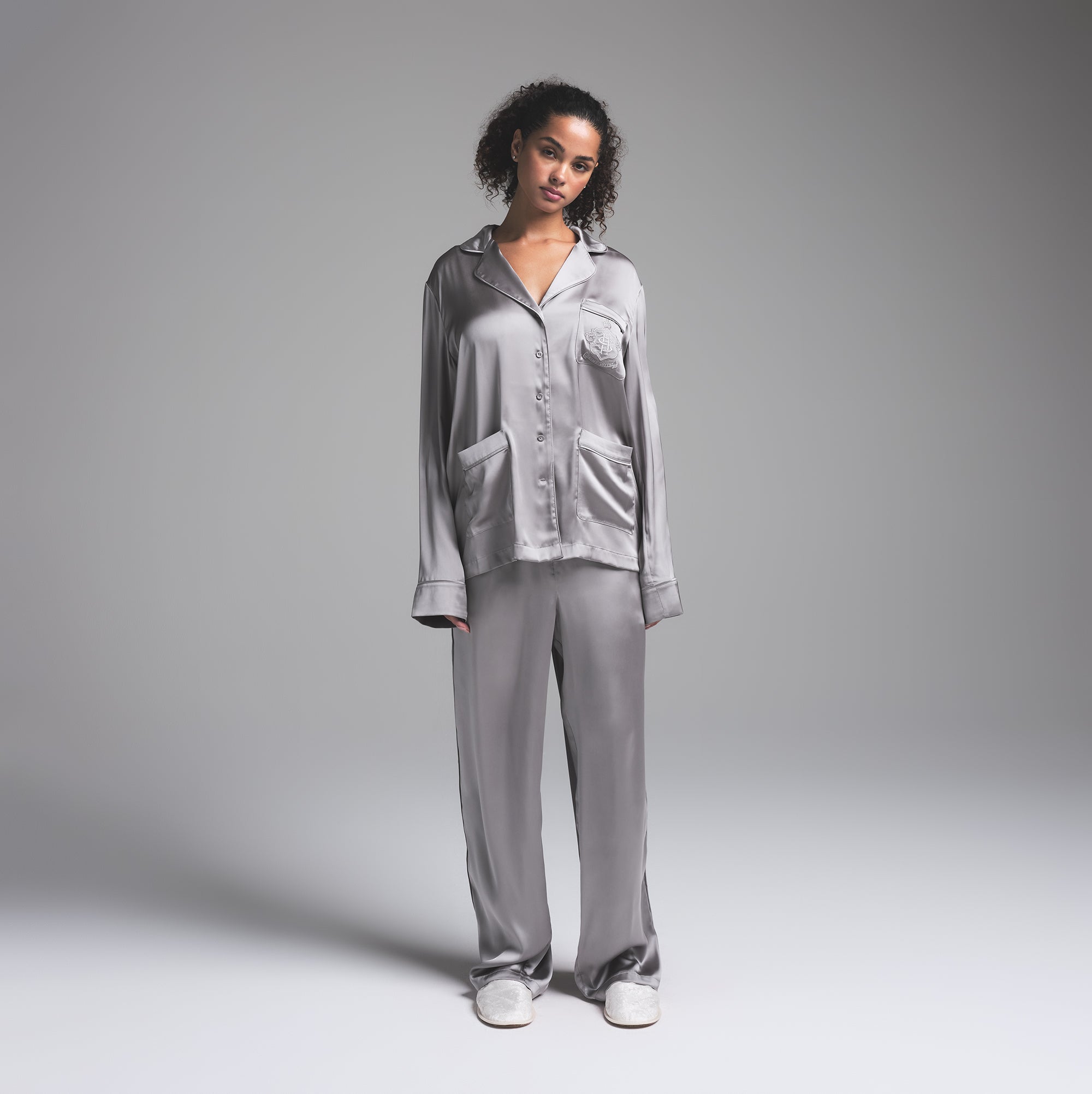 SKIMS HOTEL SHINE LONG SLEEVE BUTTON UP SLEEP SET MIRROR