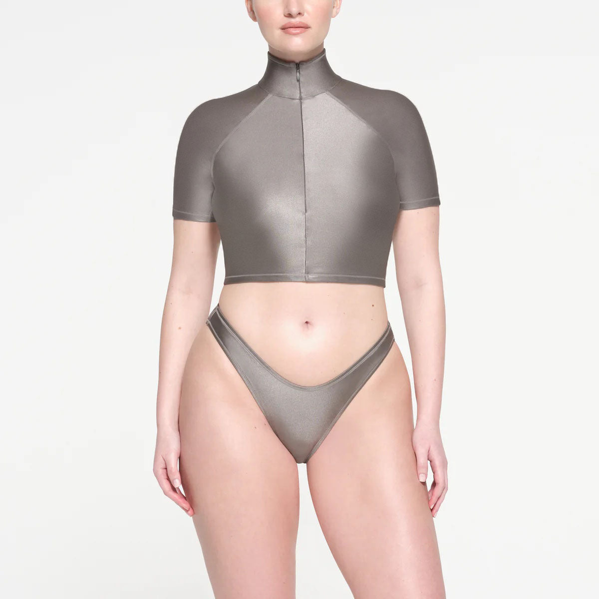 SHINE SWIM SUPER CROPPED ZIP FRONT T SHIRT SMOKE XXS
