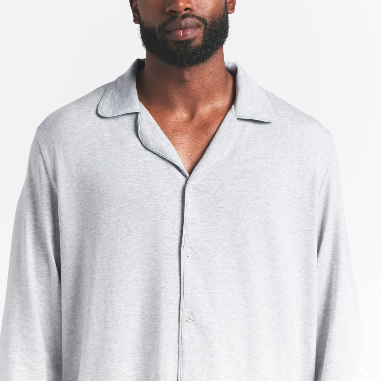 JERSEY SLEEP MENS SLEEP SET | LIGHT HEATHER GREY ON A MODEL FRONT VIEW @ | FOCUS: 0.0, 1.0, 0.9