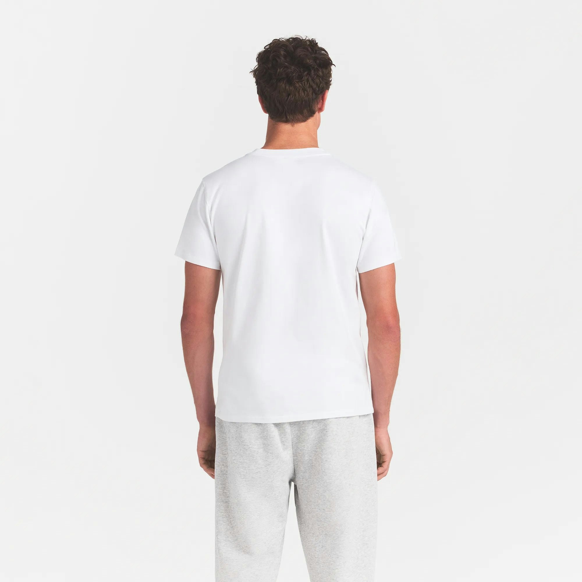 HEAVYWEIGHT COTTON MENS CLASSIC CREW NECK T-SHIRT | CHALK ON A MODEL BACK VIEW @ | FOCUS: 0.0, 1.0, 0.9