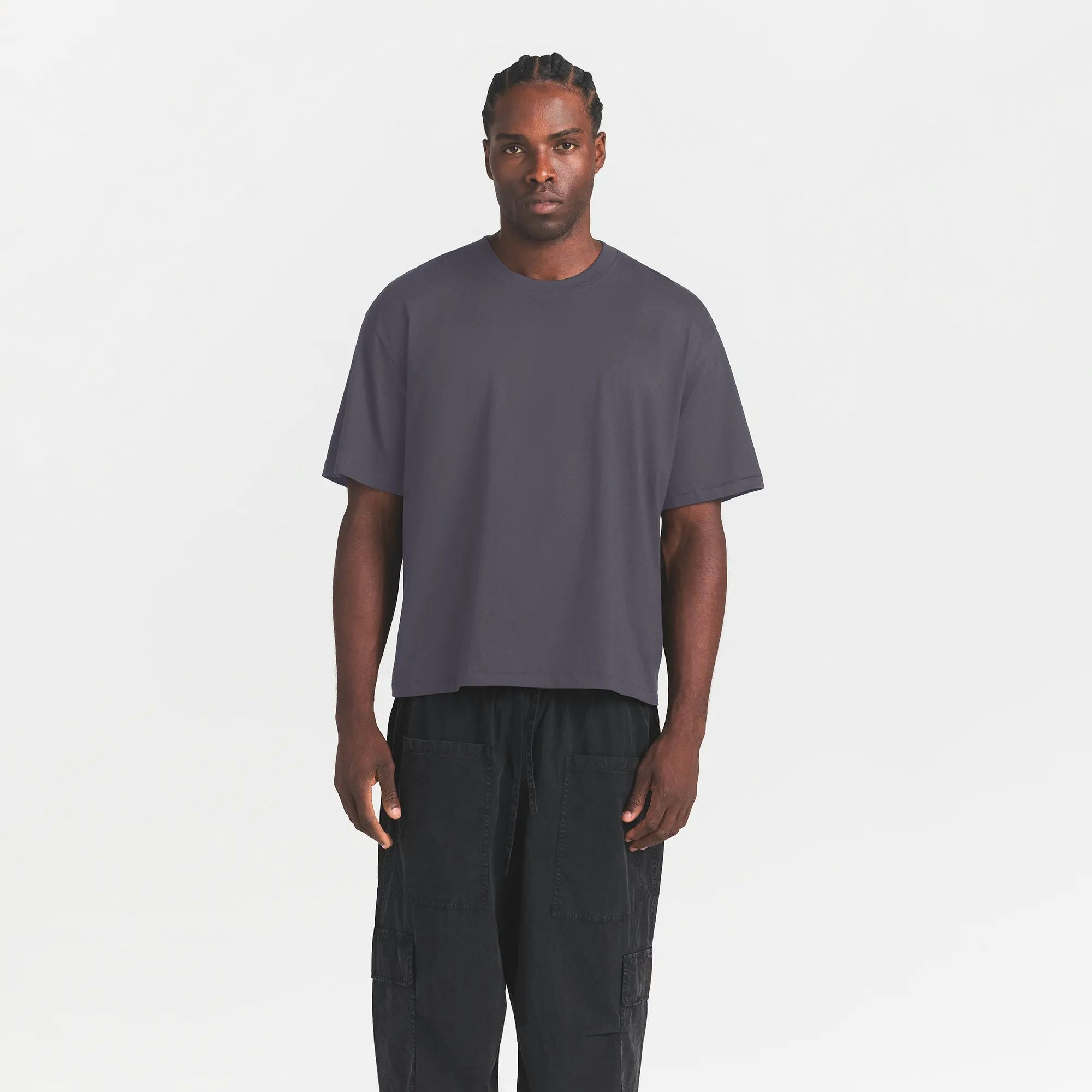 HEAVYWEIGHT COTTON MENS RELAXED CROPPED CREW NECK T-SHIRT | RAVEN ON A MODEL FRONT VIEW @ | FOCUS: 0.0, 1.0, 0.9