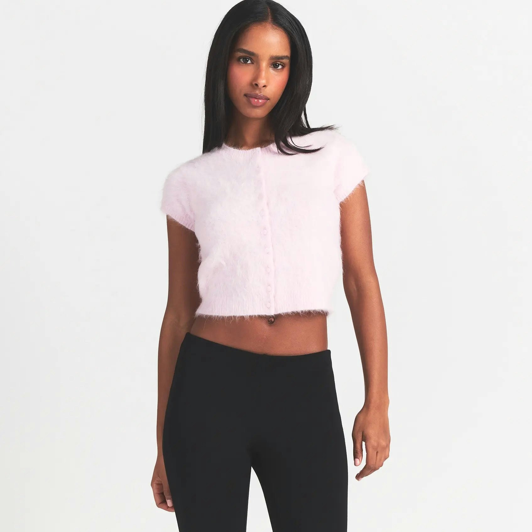 BRUSHED ALPACA SHORT SLEEVE CARDIGAN | CHERRY BLOSSOM ON A MODEL FRONT VIEW @ | FOCUS: 0.0, 1.0, 0.9