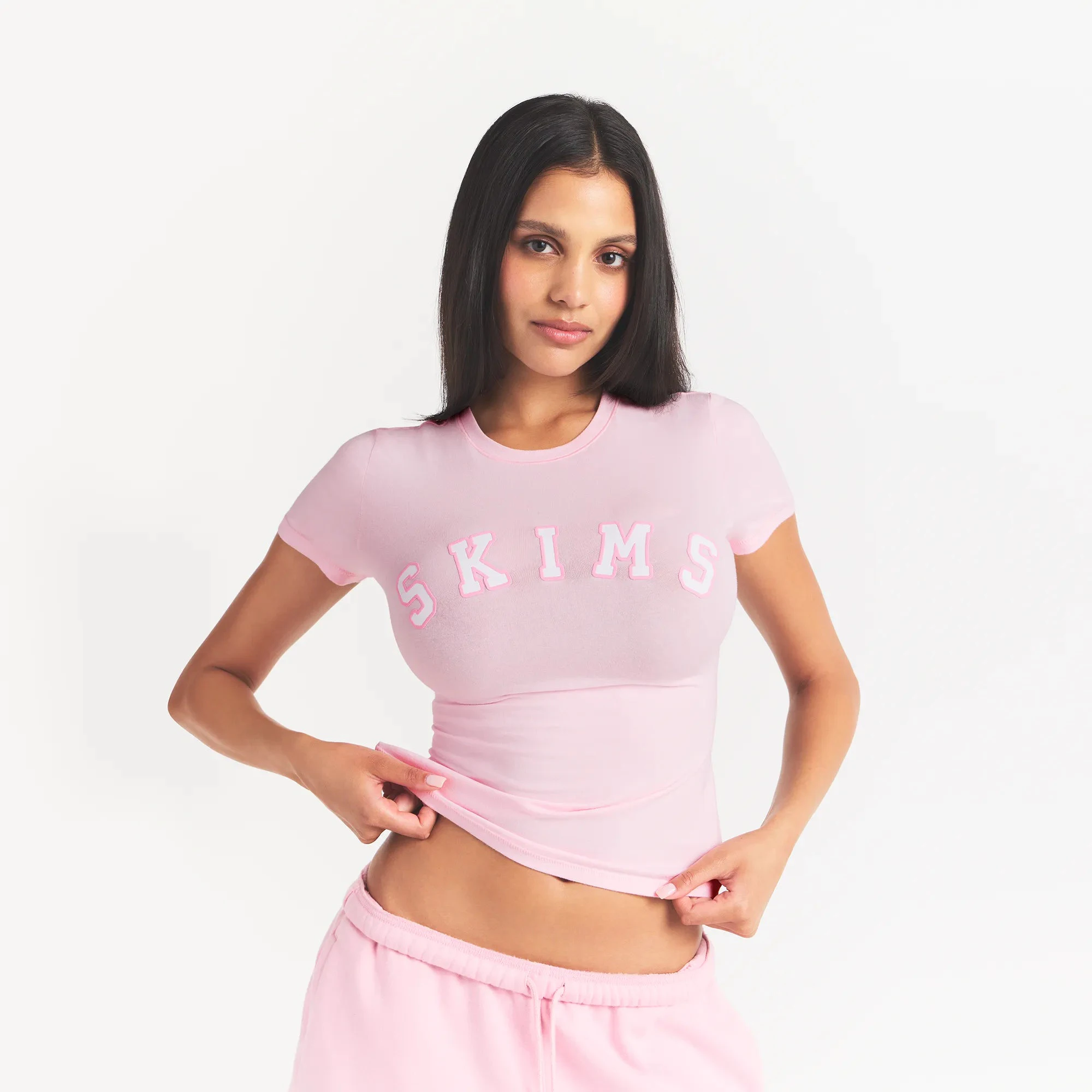 COTTON JERSEY T-SHIRT | CHERRY BLOSSOM WITH SNOW LOGO ON A MODEL FRONT VIEW @ | FOCUS: 0.0, 1.0, 0.9