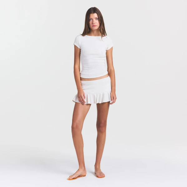 HEAVY POINTELLE BOATNECK TEE | MARBLE ON A MODEL FRONT VIEW