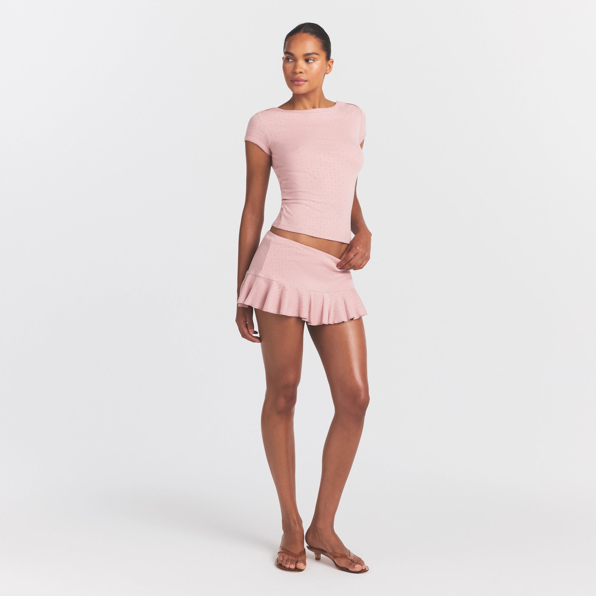 HEAVY POINTELLE BOATNECK TEE | MORGANITE ON A MODEL FRONT VIEW @ | FOCUS: 0.0, 1.0, 0.9