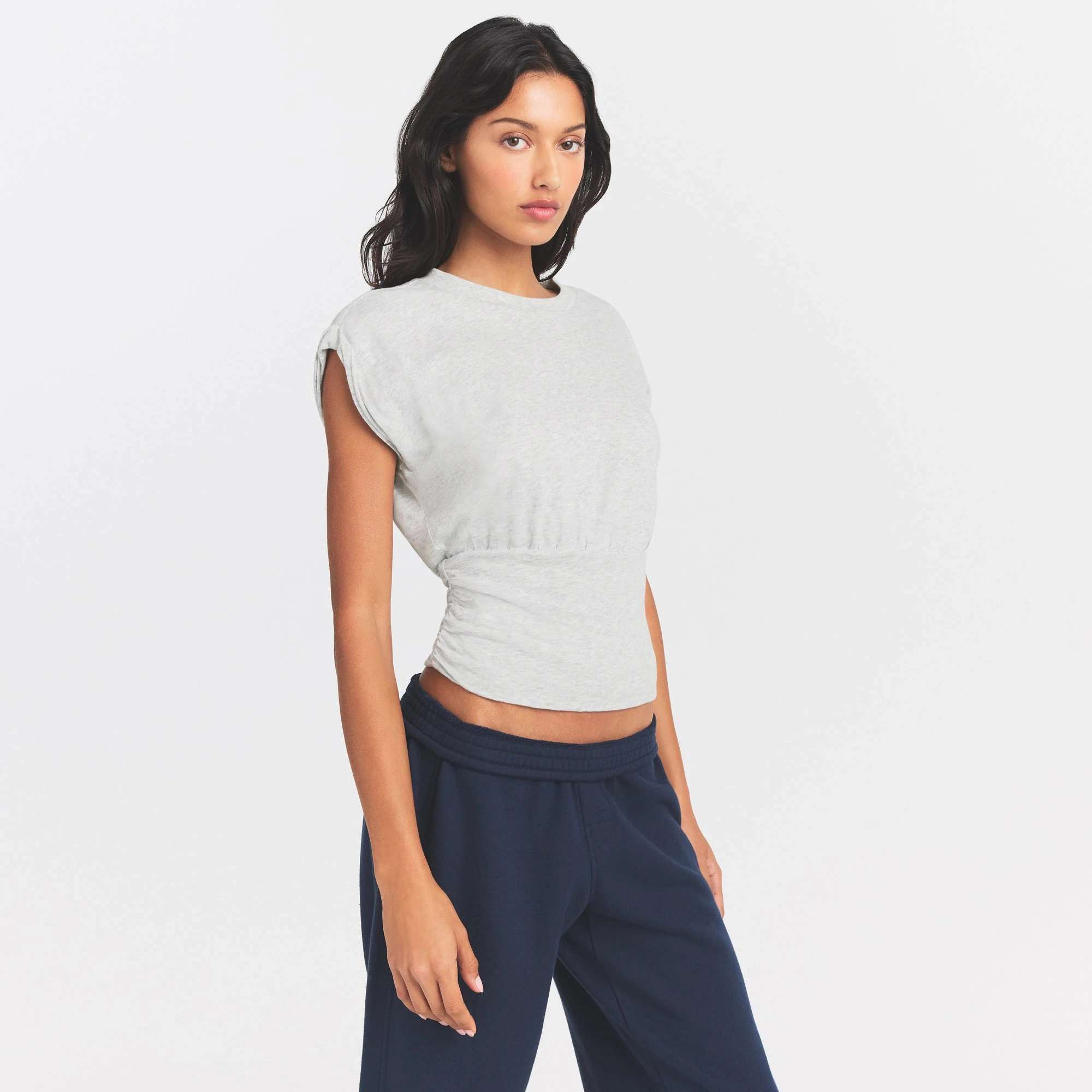 WORN IN JERSEY RUCHED TEE | LIGHT HEATHER GREY ON A MODEL SIDE VIEW