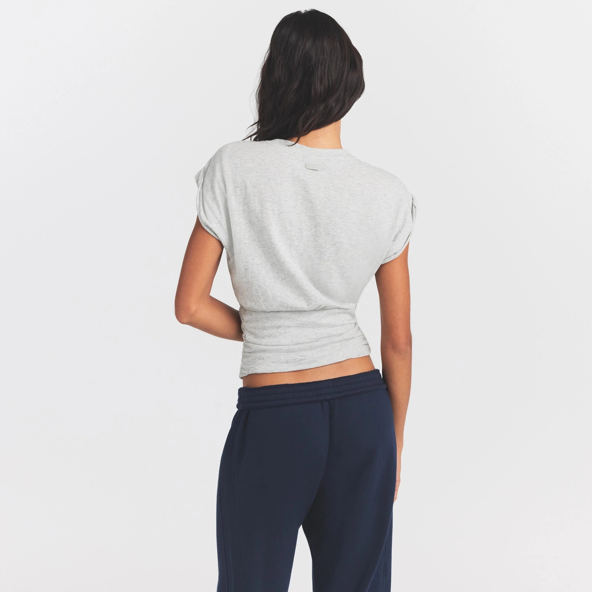 WORN IN JERSEY RUCHED TEE | LIGHT HEATHER GREY ON A MODEL SIDE VIEW