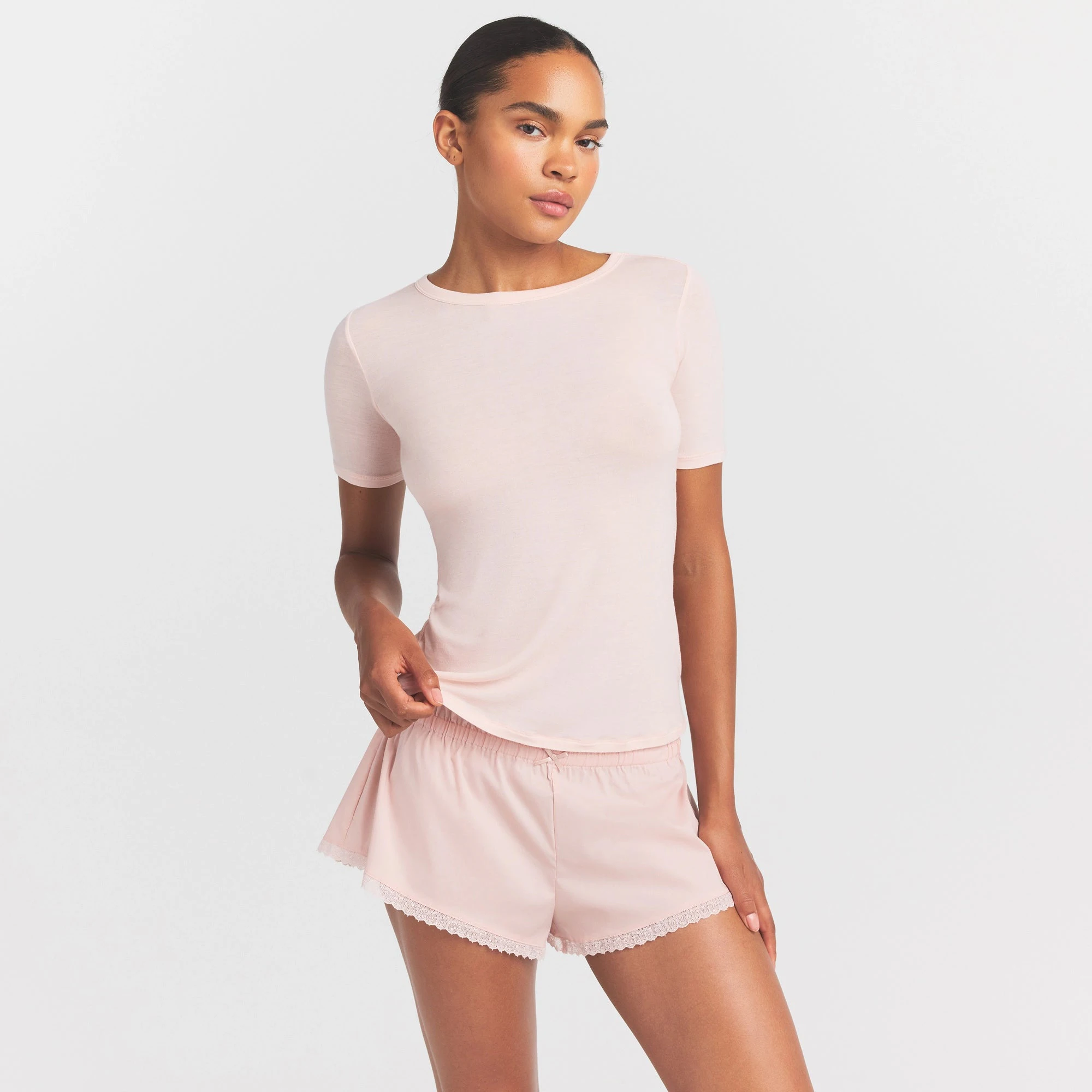 SHEER MODAL LONG T-SHIRT | PRIMROSE ON A MODEL SIDE VIEW