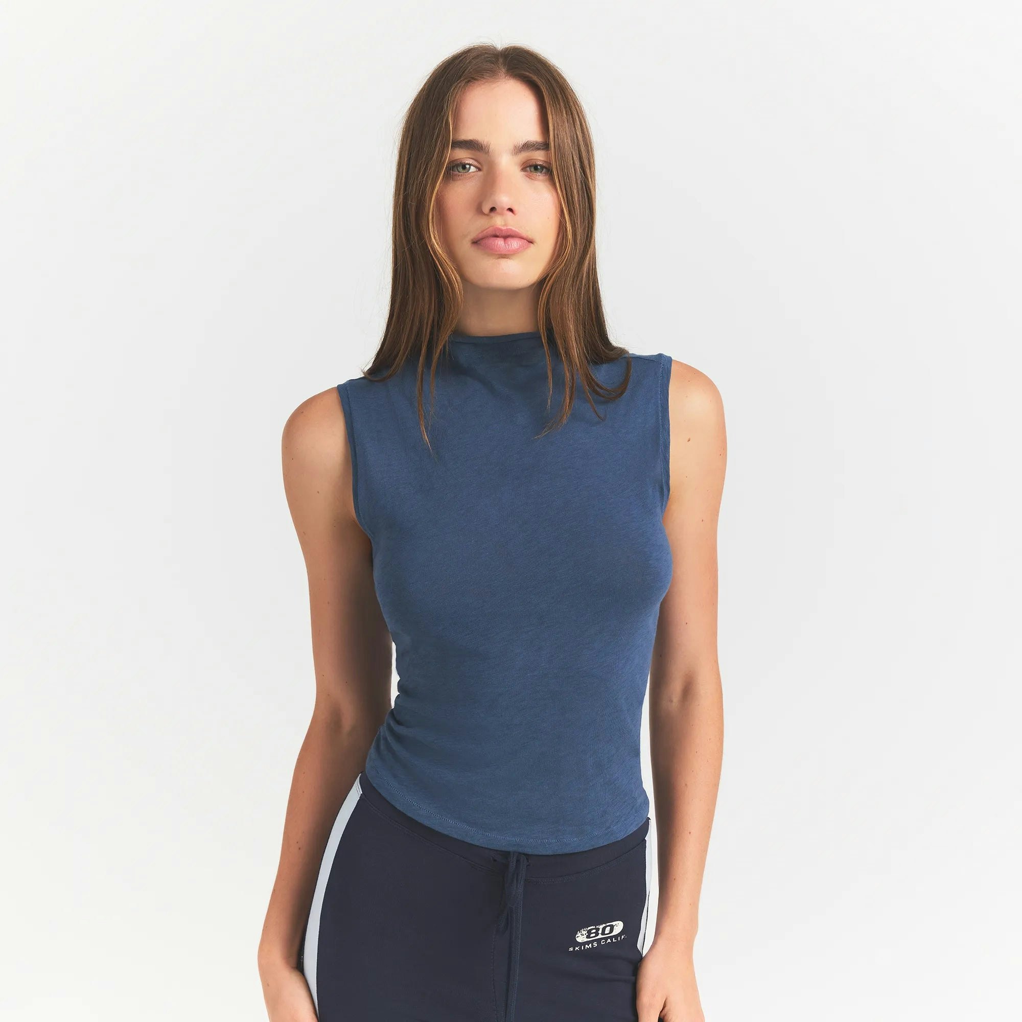 WORN IN JERSEY MOCK NECK TANK | INDIGO ON A MODEL FRONTVIEW @ | FOCUS: 0.0, 1.0, 0.9 