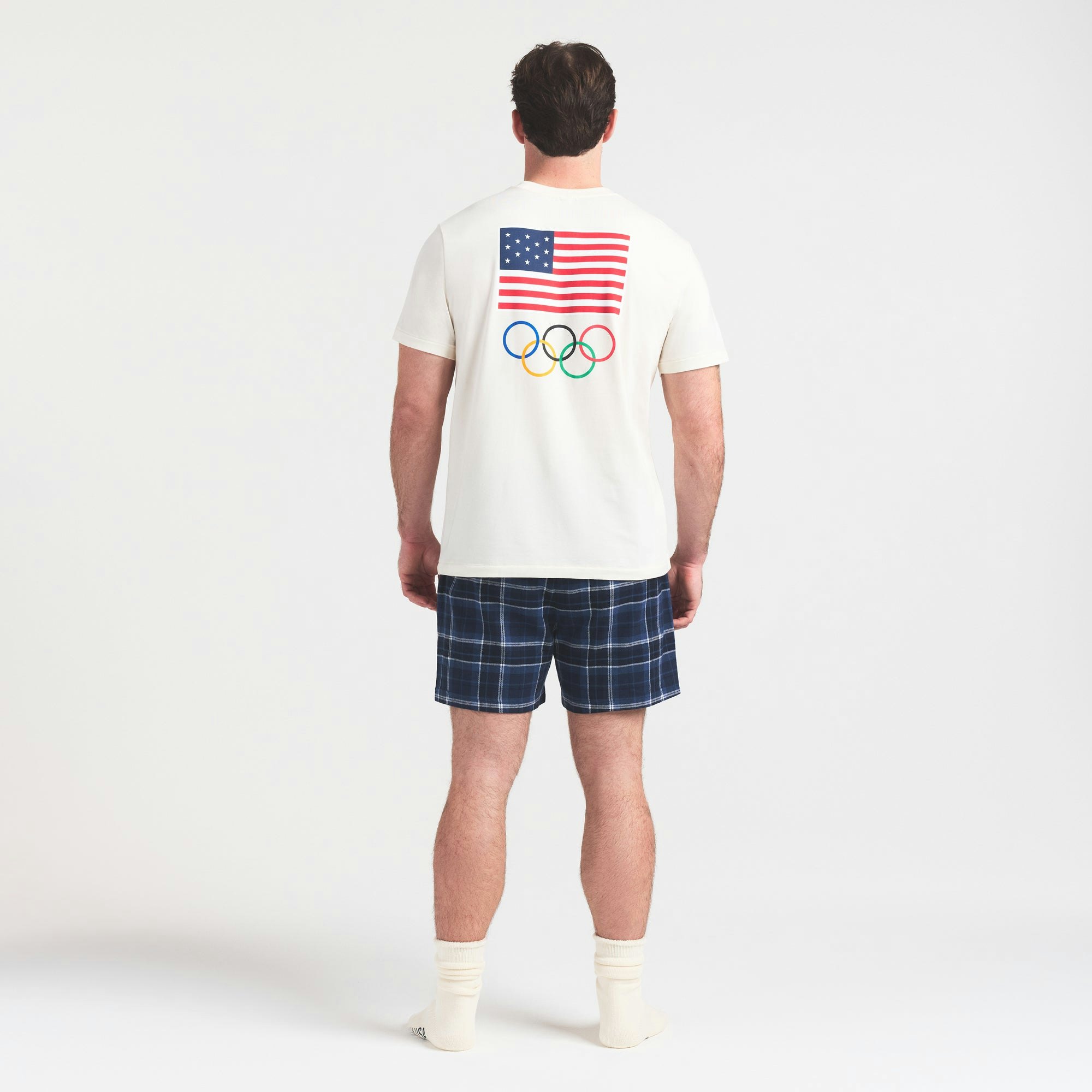 SKIMS FOR TEAM USA JERSEY SLEEP MENS OLYMPIC T-SHIRT | ECRU ON A MODEL FRONT VIEW @ | FOCUS: 0.0, 1.0, 0.9