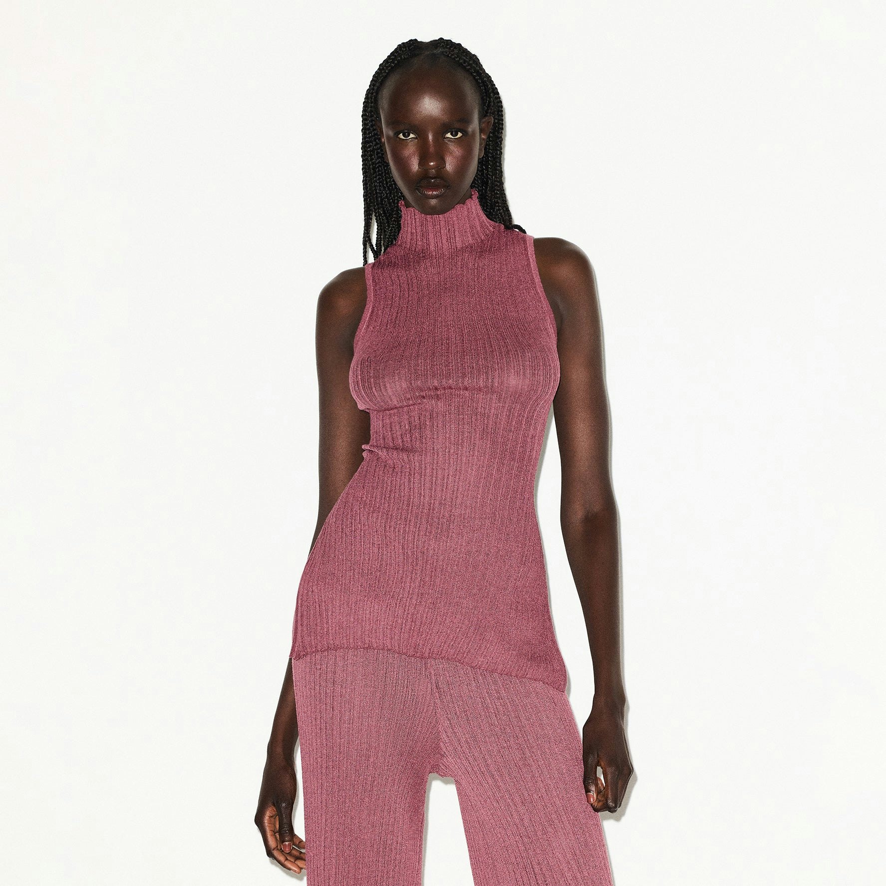 SHEER KNIT MOCK NECK TUNIC | BEET ON A MODEL FRONT VIEW @ | FOCUS: 0.0, 1.0, 0.9