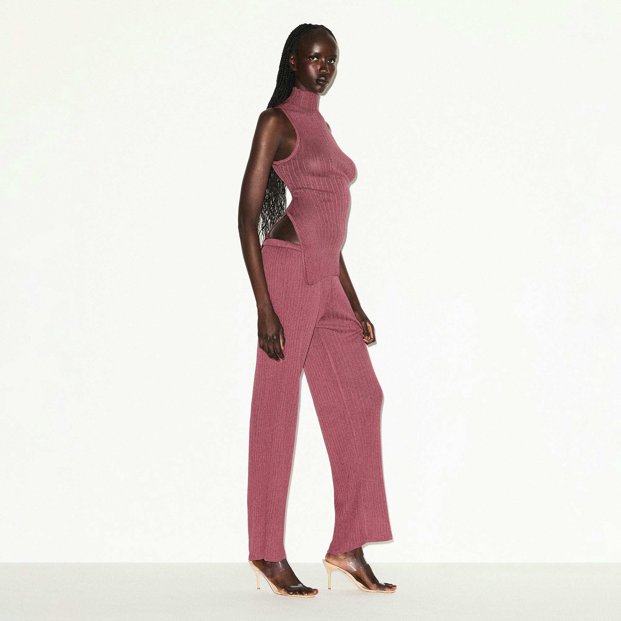 SHEER KNIT MOCK NECK TUNIC | BEET ON A MODEL SIDE VIEW @ | FOCUS: 0.0, 1.0, 0.9