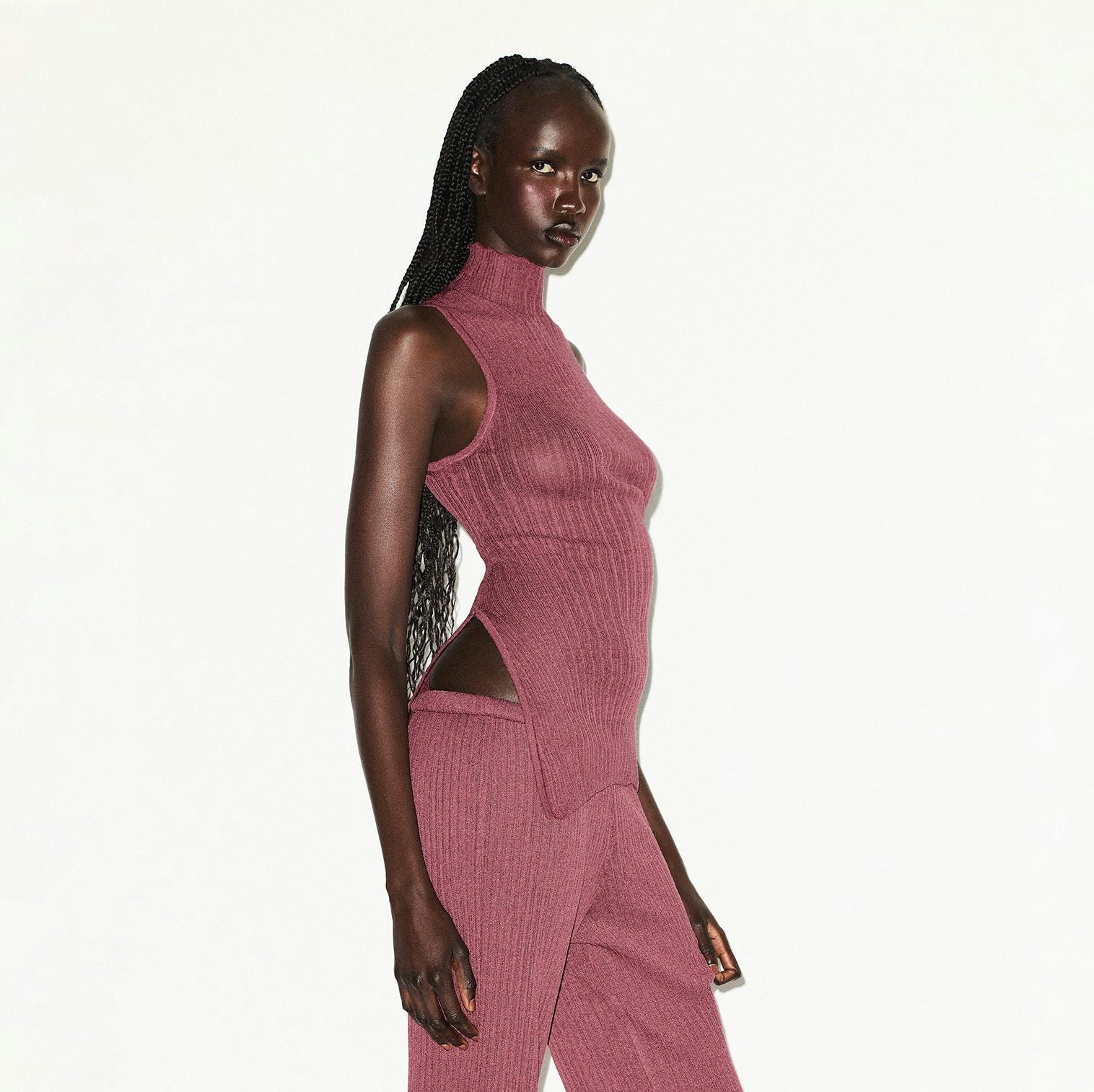 SHEER KNIT MOCK NECK TUNIC | BEET ON A MODEL SIDE VIEW @ | FOCUS: 0.0, 1.0, 0.9