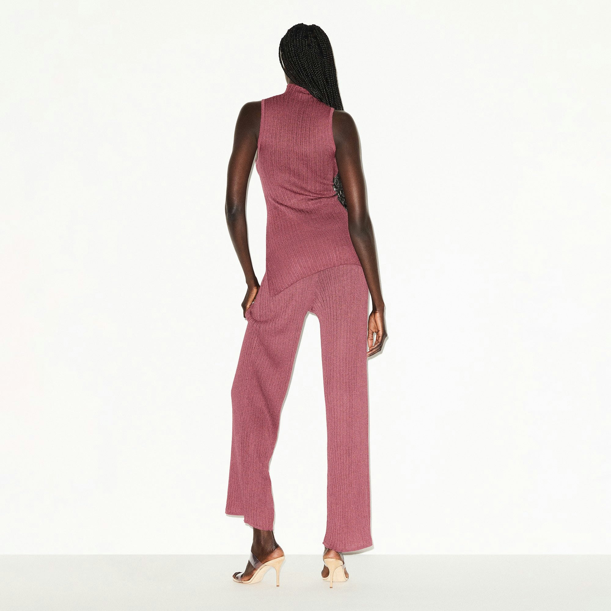 SHEER KNIT MOCK NECK TUNIC | BEET ON A MODEL BACK VIEW @ | FOCUS: 0.0, 1.0, 0.9