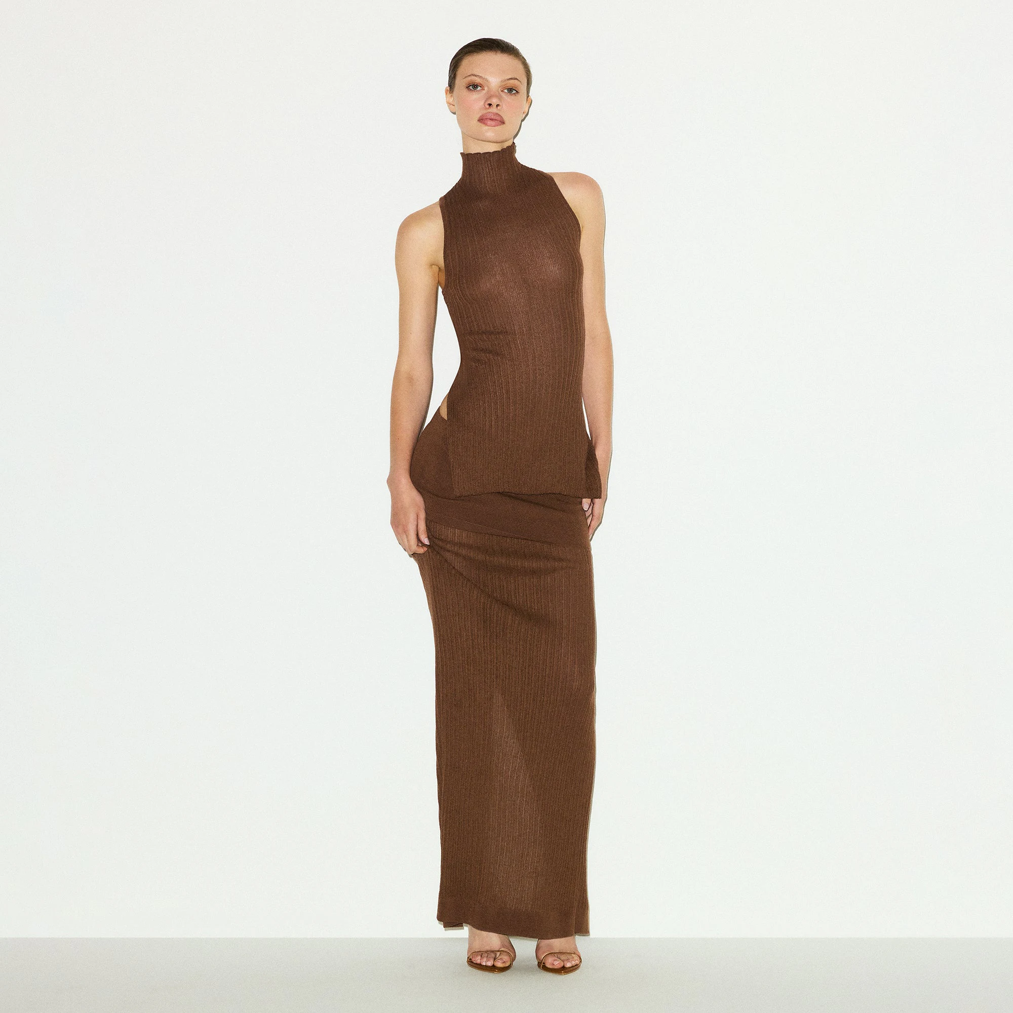 SHEER KNIT MOCK NECK TUNIC | BISON ON A MODEL FRONT VIEW @ | FOCUS: 0.0, 1.0, 0.9