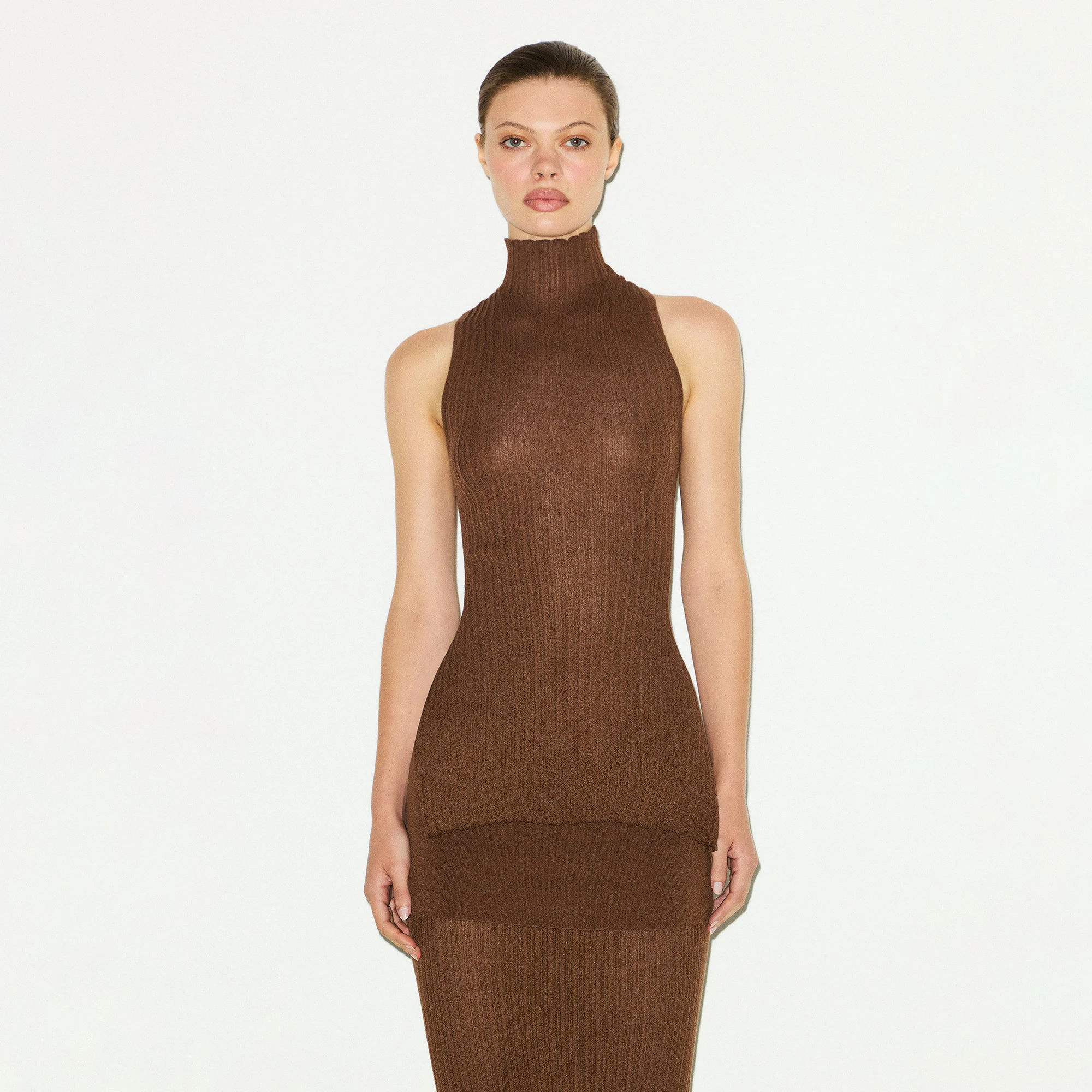 SHEER KNIT MOCK NECK TUNIC | BISON ON A MODEL FRONT VIEW @ | FOCUS: 0.0, 1.0, 0.9