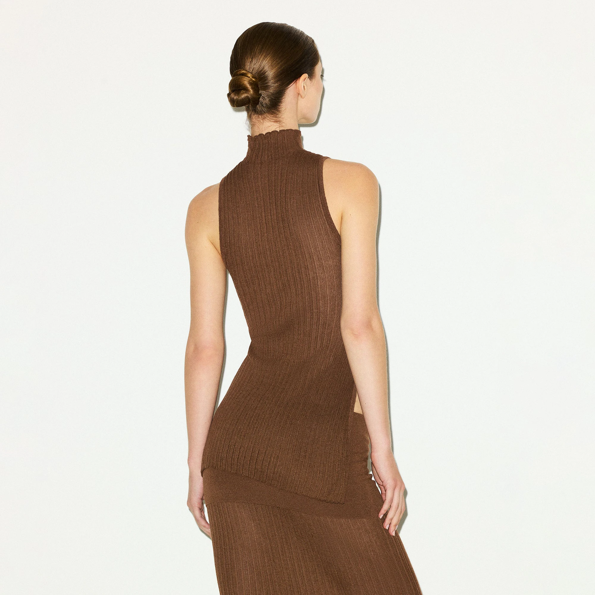 SHEER KNIT MOCK NECK TUNIC | BISON ON A MODEL BACK VIEW @ | FOCUS: 0.0, 1.0, 0.9