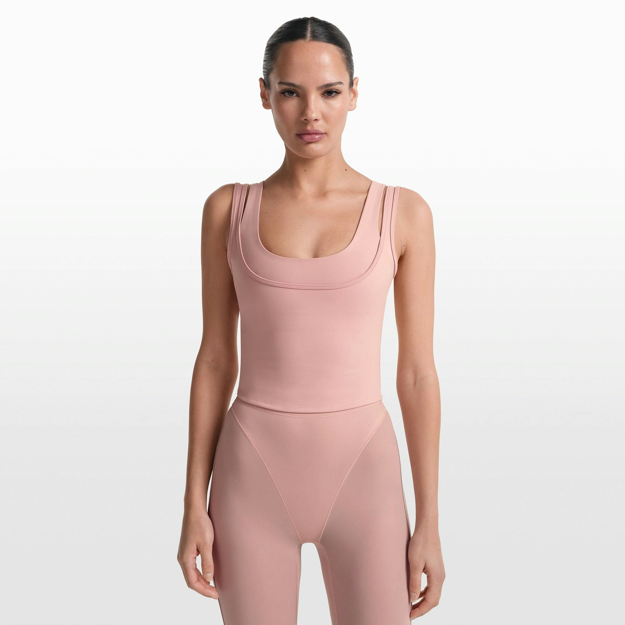 NikeSKIMS MATTE DOUBLE STRAP SCOOP TANK | HIMALAYAN ON A MODEL FRONT VIEW @ | FOCUS: 0.0, 1.0, 0.9