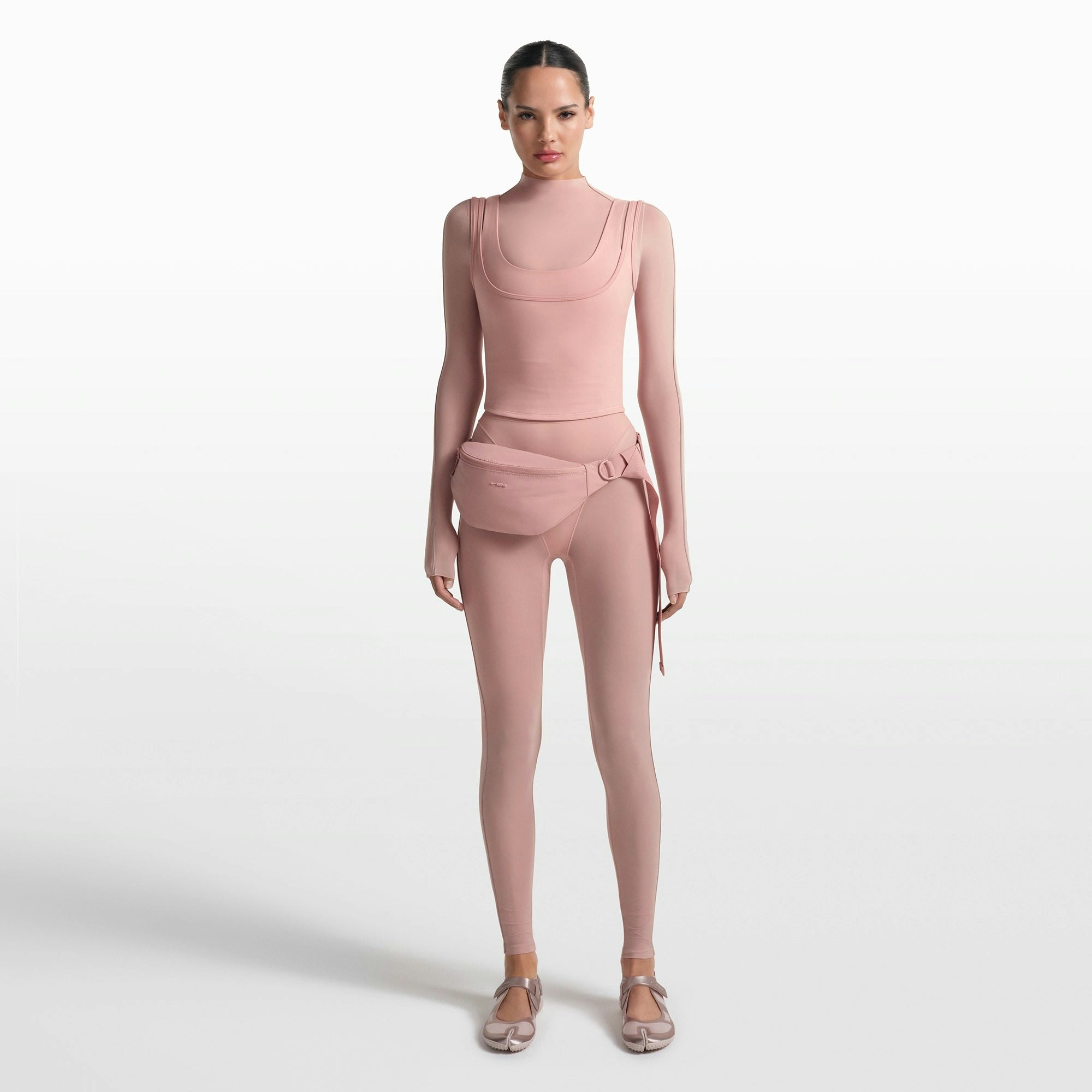 NikeSKIMS MATTE DOUBLE STRAP SCOOP TANK | HIMALAYAN ON A MODEL FRONT VIEW @ | FOCUS: 0.0, 1.0, 0.9