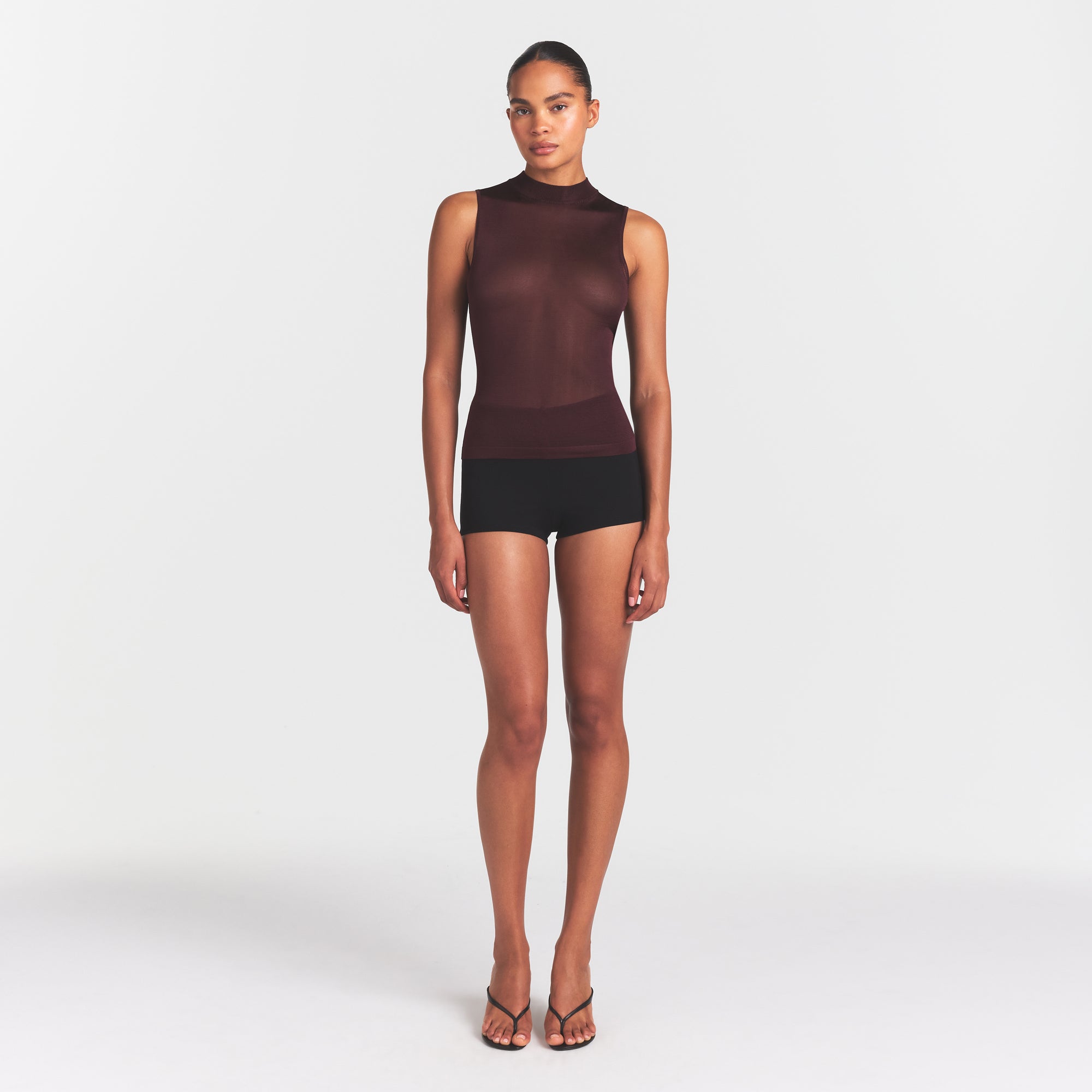 SLINKY KNIT MOCK NECK TANK | CURRANT ON A MODEL FRONT VIEW @ | FOCUS: 0.0, 1.0, 0.9