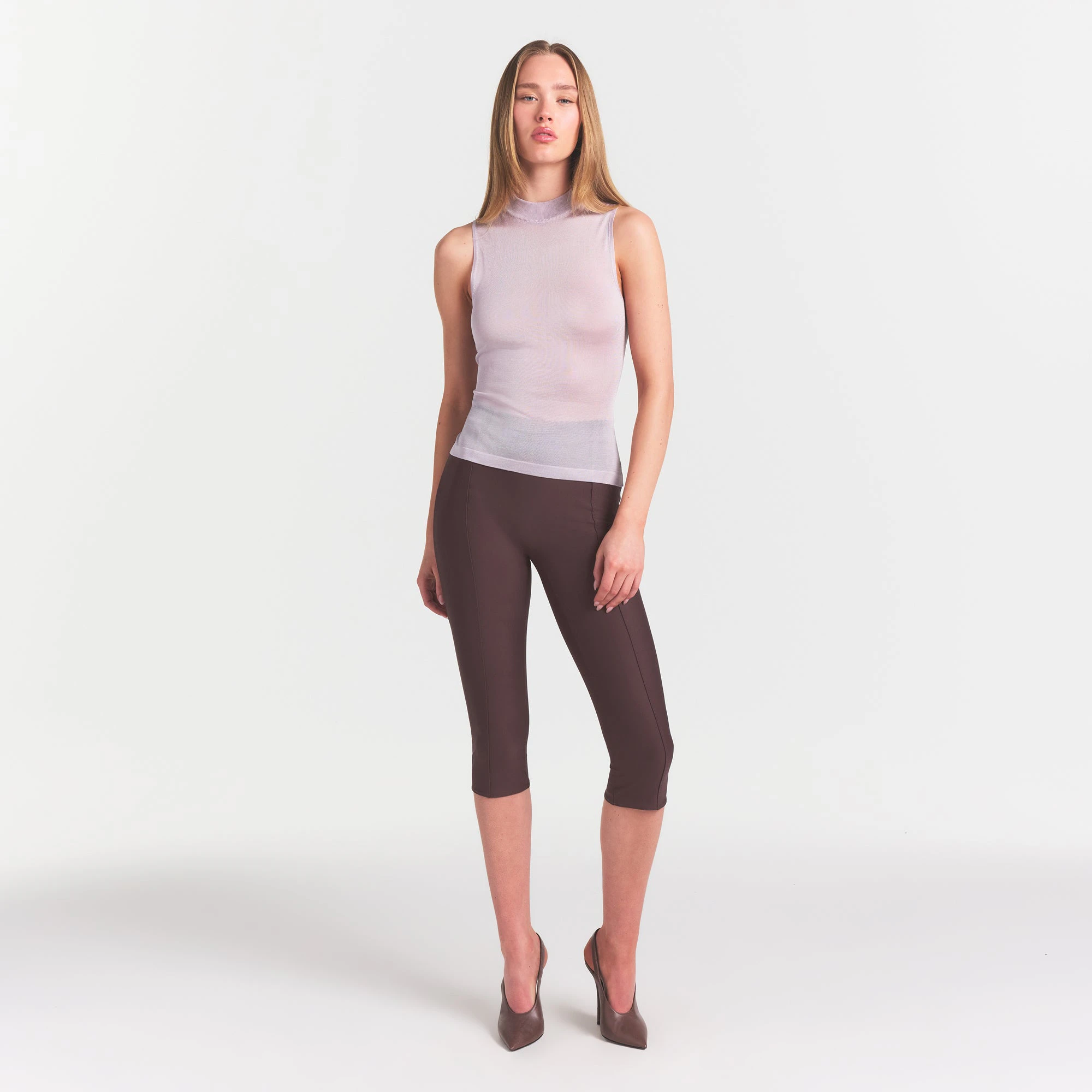 SLINKY KNIT MOCK NECK TANK | IRIS MICA ON A MODEL FRONT VIEW @ | FOCUS: 0.0, 1.0, 0.9