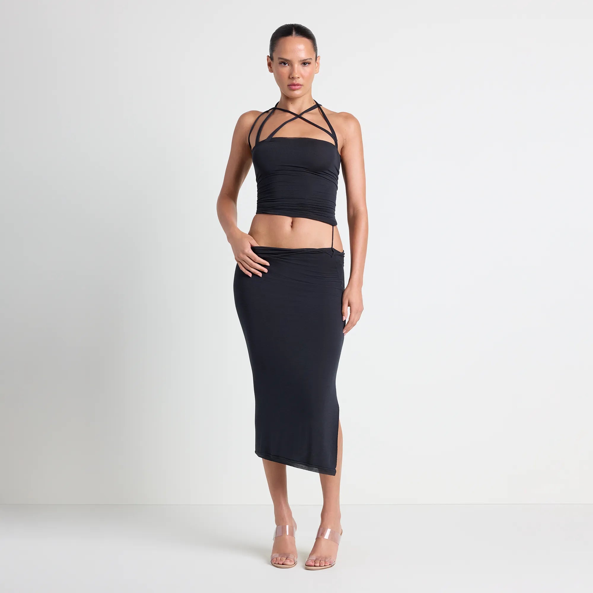 VETTESE X SKIMS SHEER MODAL TOP | ONYX ON A MODEL FRONT VIEW