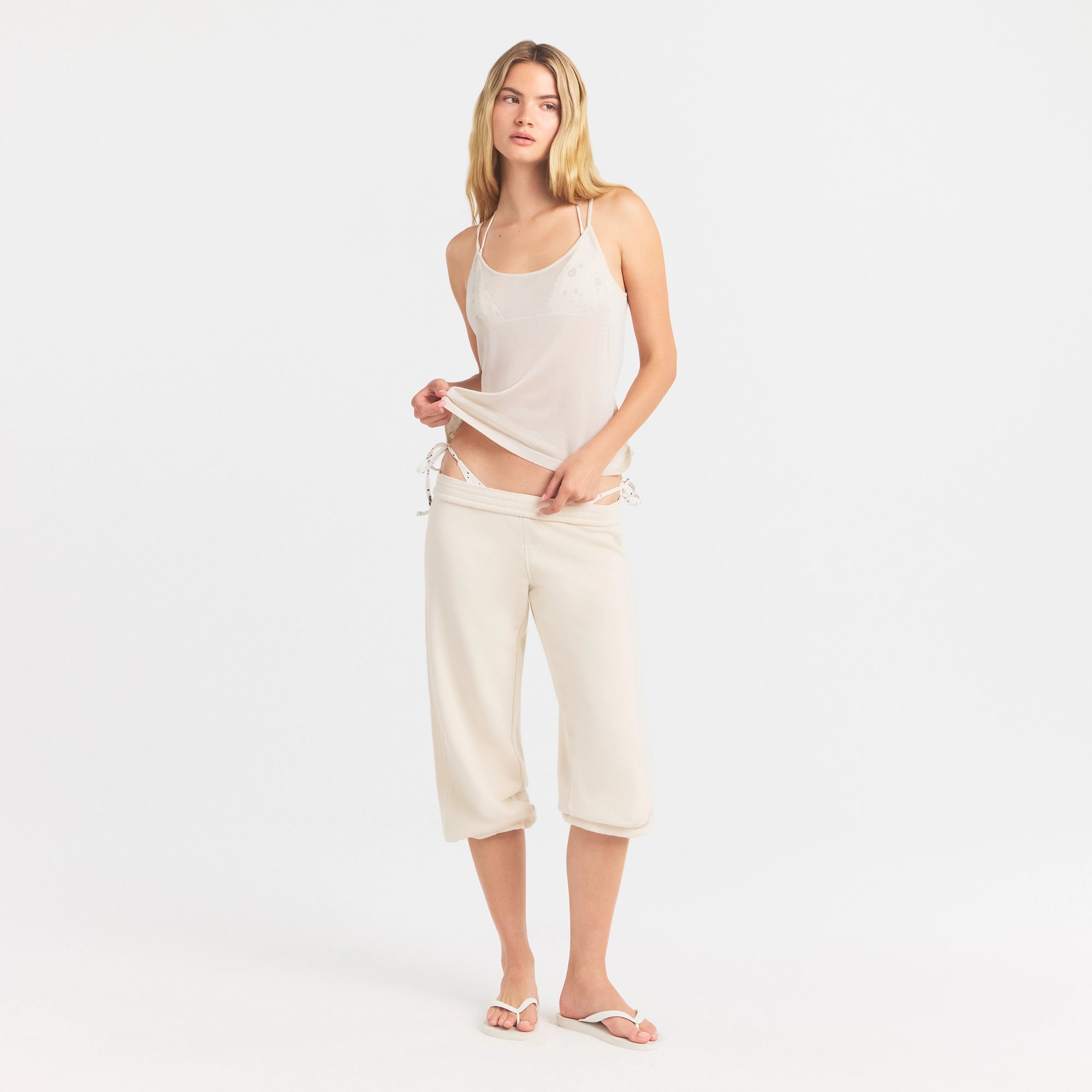 SLINKY KNIT CAMI | BUFF ON A MODEL FRONT VIEW @ | FOCUS: 0.0, 1.0, 0.9