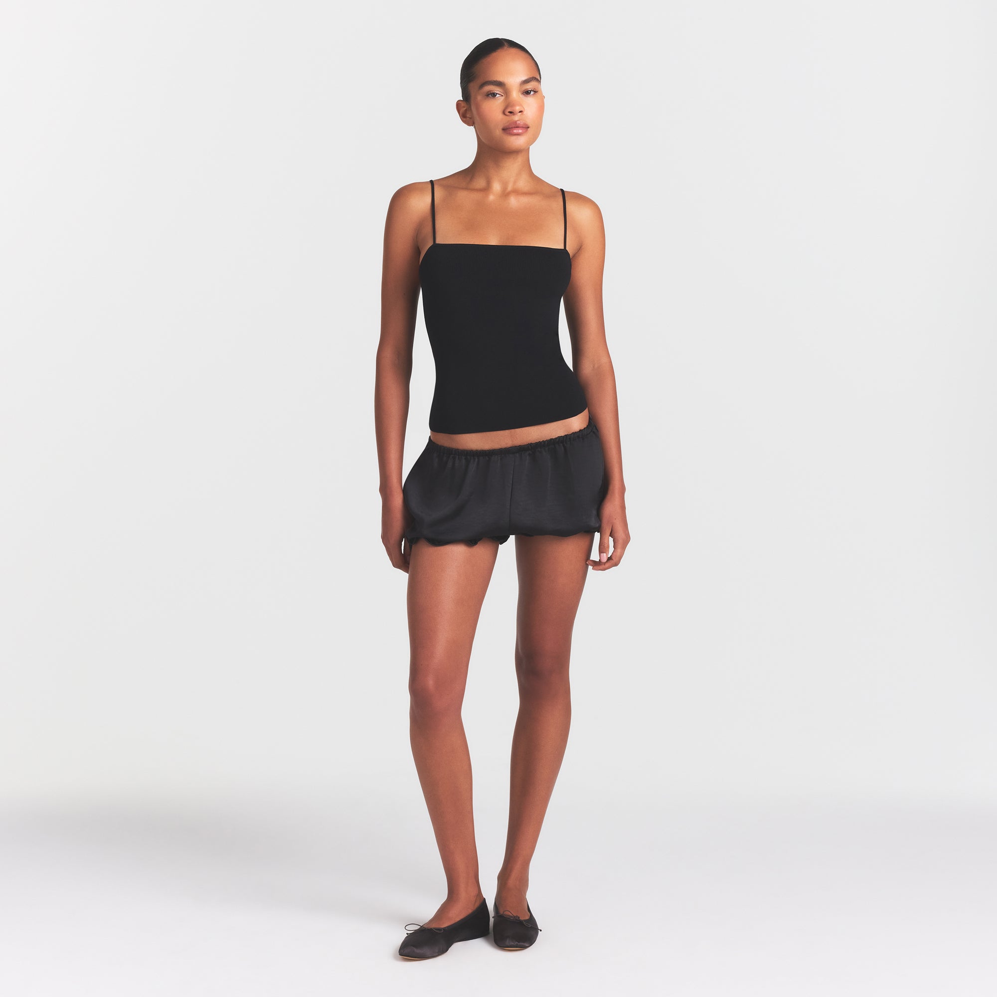 REFINED KNIT CAMI | OBSIDIAN ON A MODEL FRONT VIEW @ | FOCUS: 0.0, 1.0, 0.9