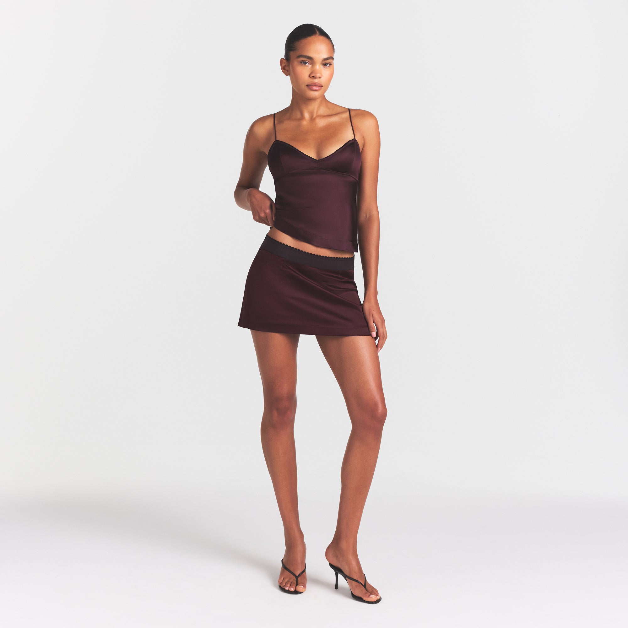 SATIN CAMI | CURRANT ON A MODEL FRONT VIEW @ | FOCUS: 0.0, 1.0, 0.9