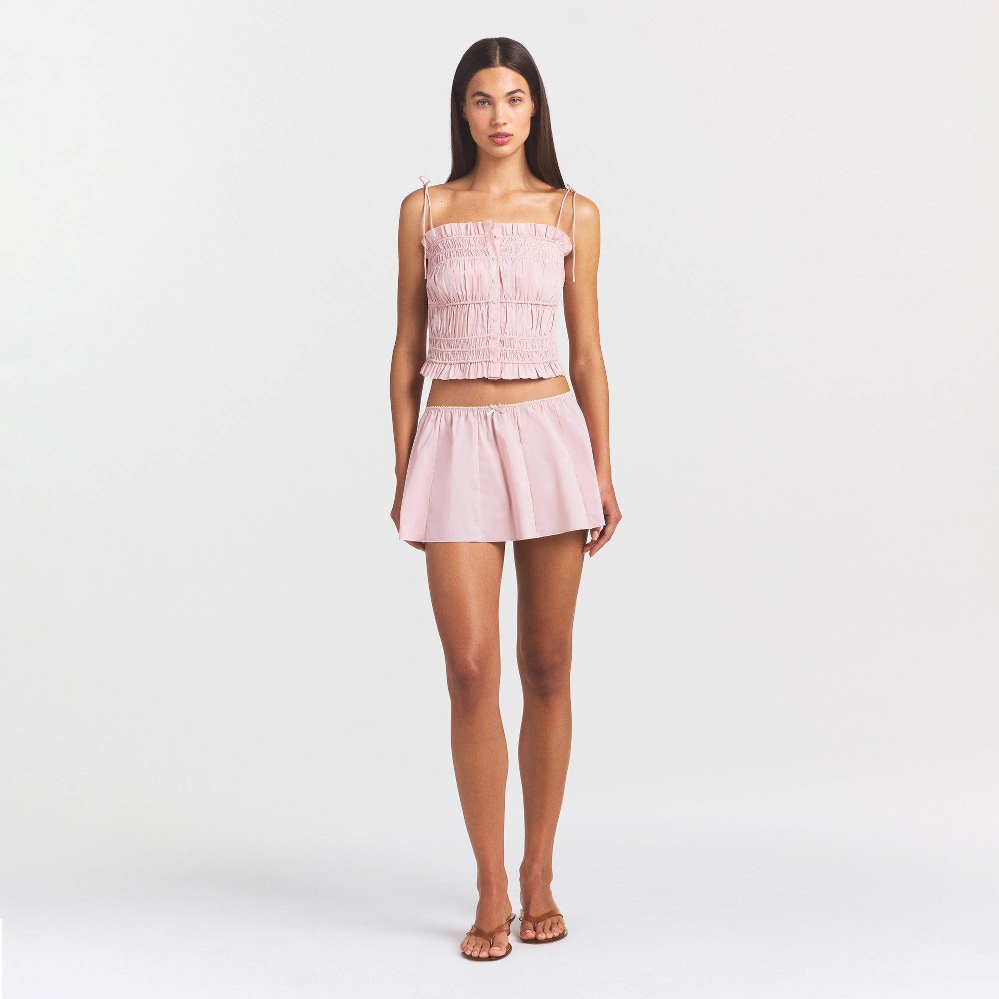COTTON POPLIN RUFFLE CAMI | DUSTY PINK ON A MODEL FRONT VIEW @ | FOCUS: 0.0, 1.0, 0.9