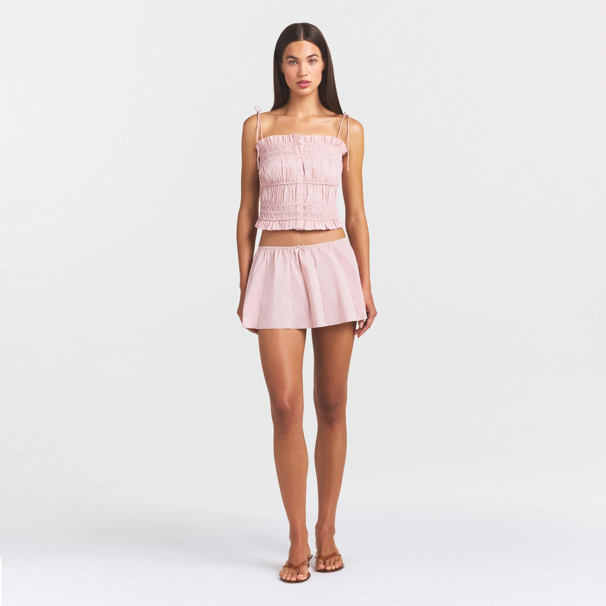 COTTON POPLIN RUFFLE CAMI | DUSTY PINK ON A MODEL FRONT VIEW @ | FOCUS: 0.0, 1.0, 0.9