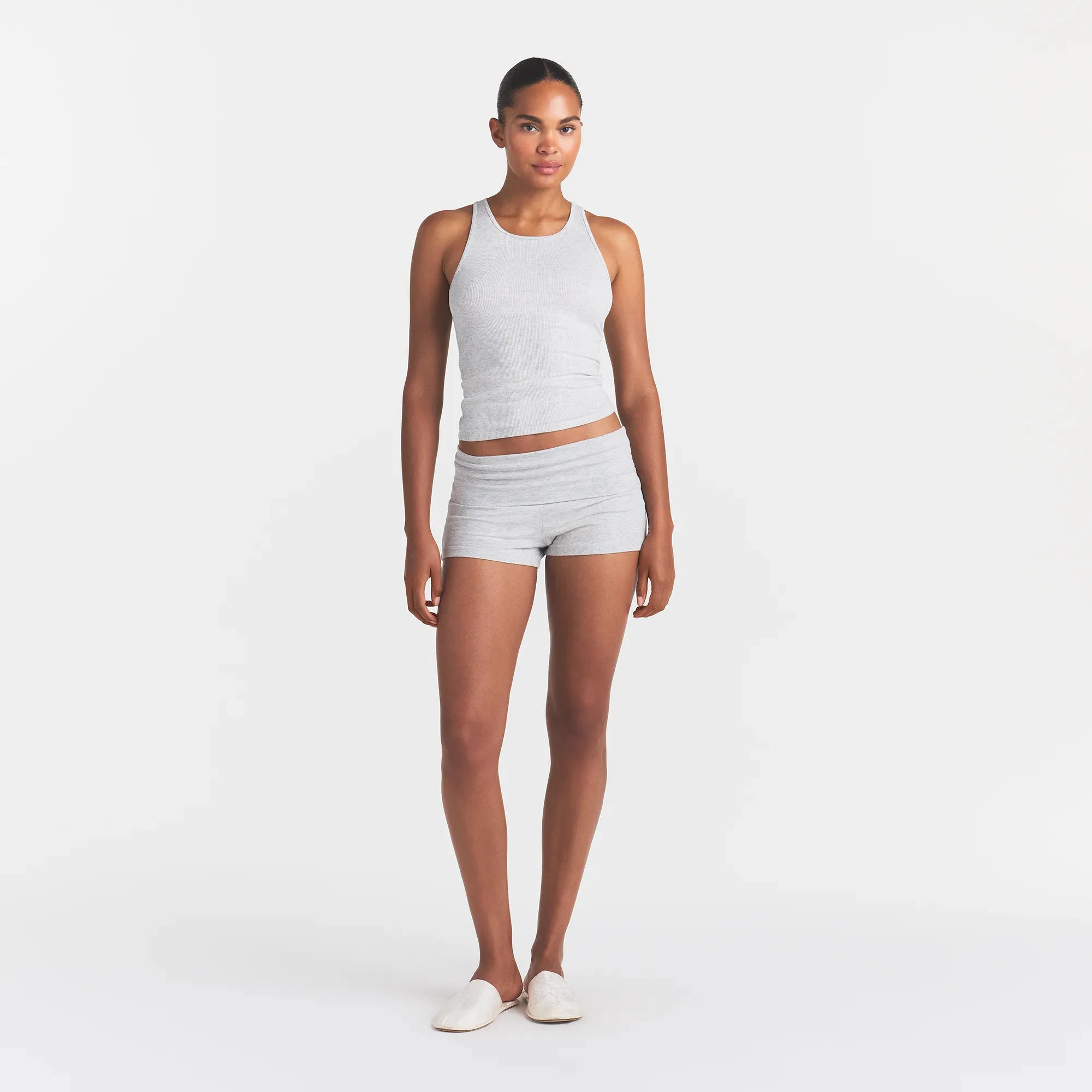 RIB SLEEP TANK | LIGHT HEATHER GREY & LAYS FLAT ON A WHITE BACKGROUND | FLT