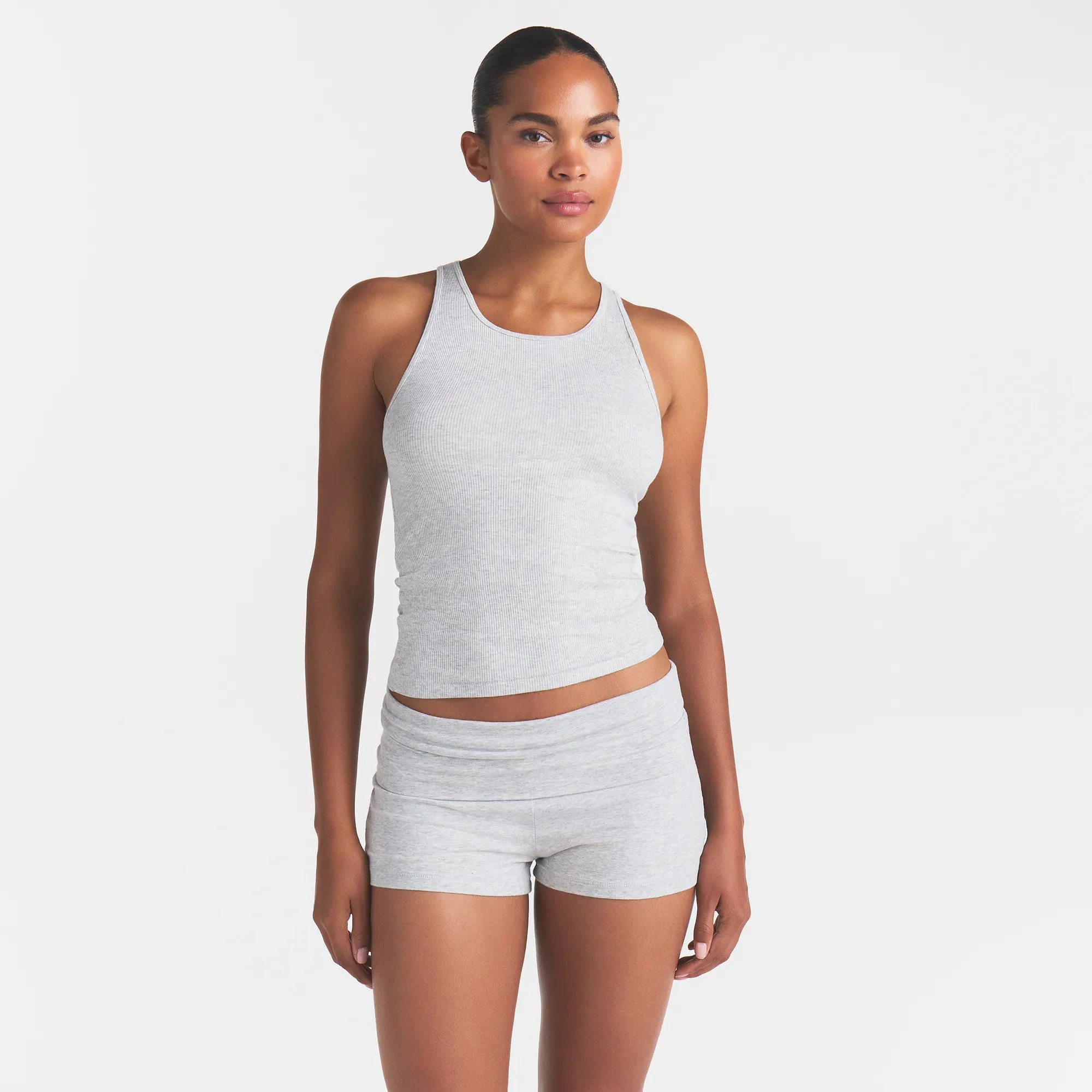 RIB SLEEP TANK | LIGHT HEATHER GREY & LAYS FLAT ON A WHITE BACKGROUND | FLT